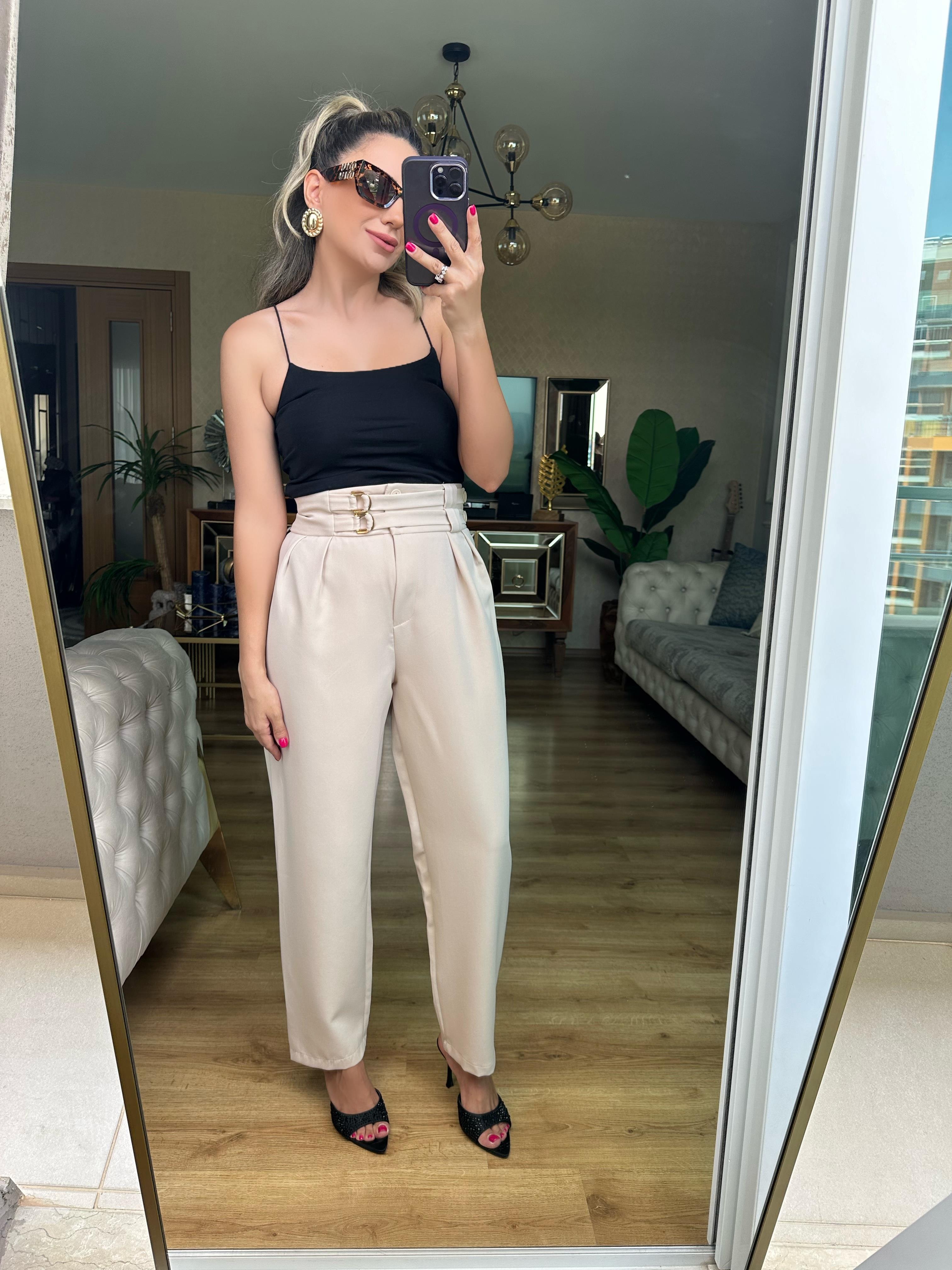 Bej Renk Tokalı Kumaş Pantolon