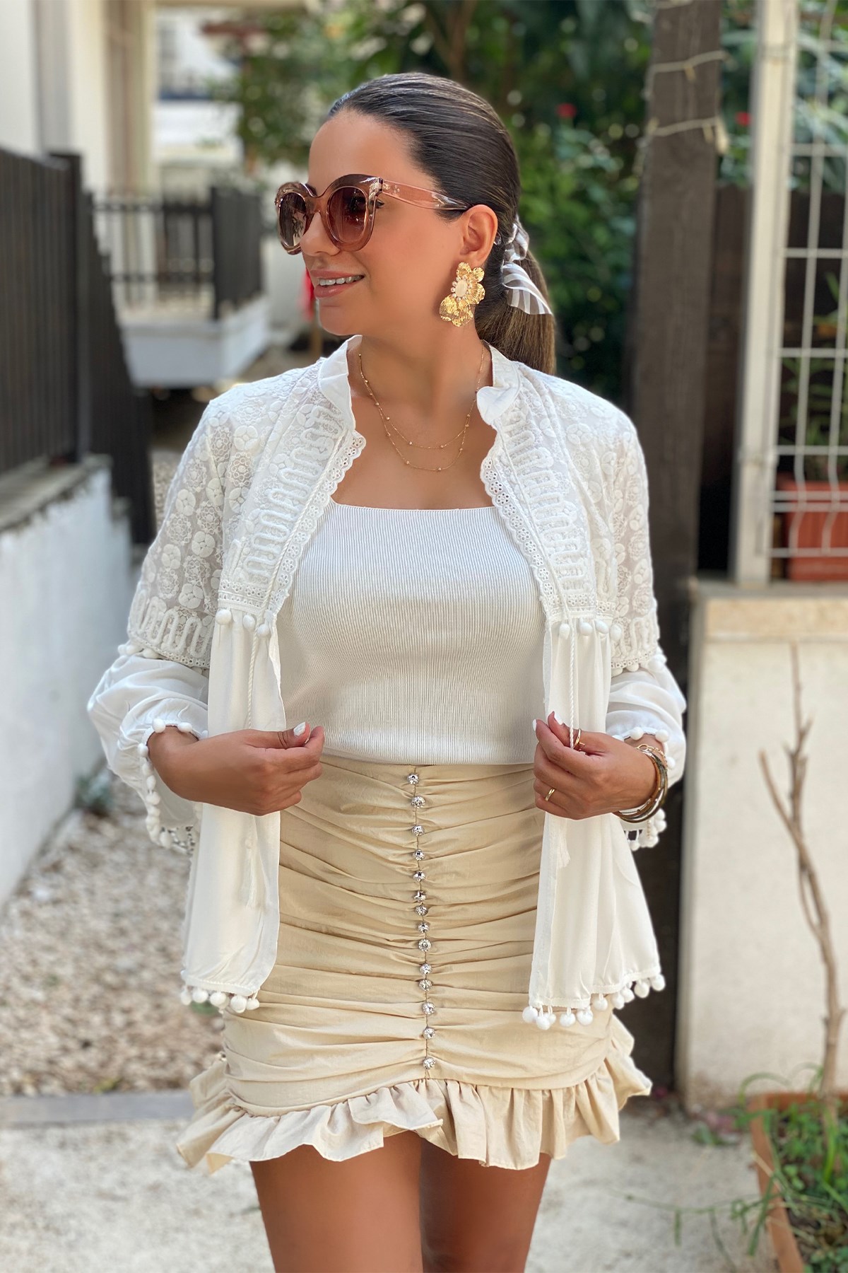 Bej Taş Detaylı Drape Etek