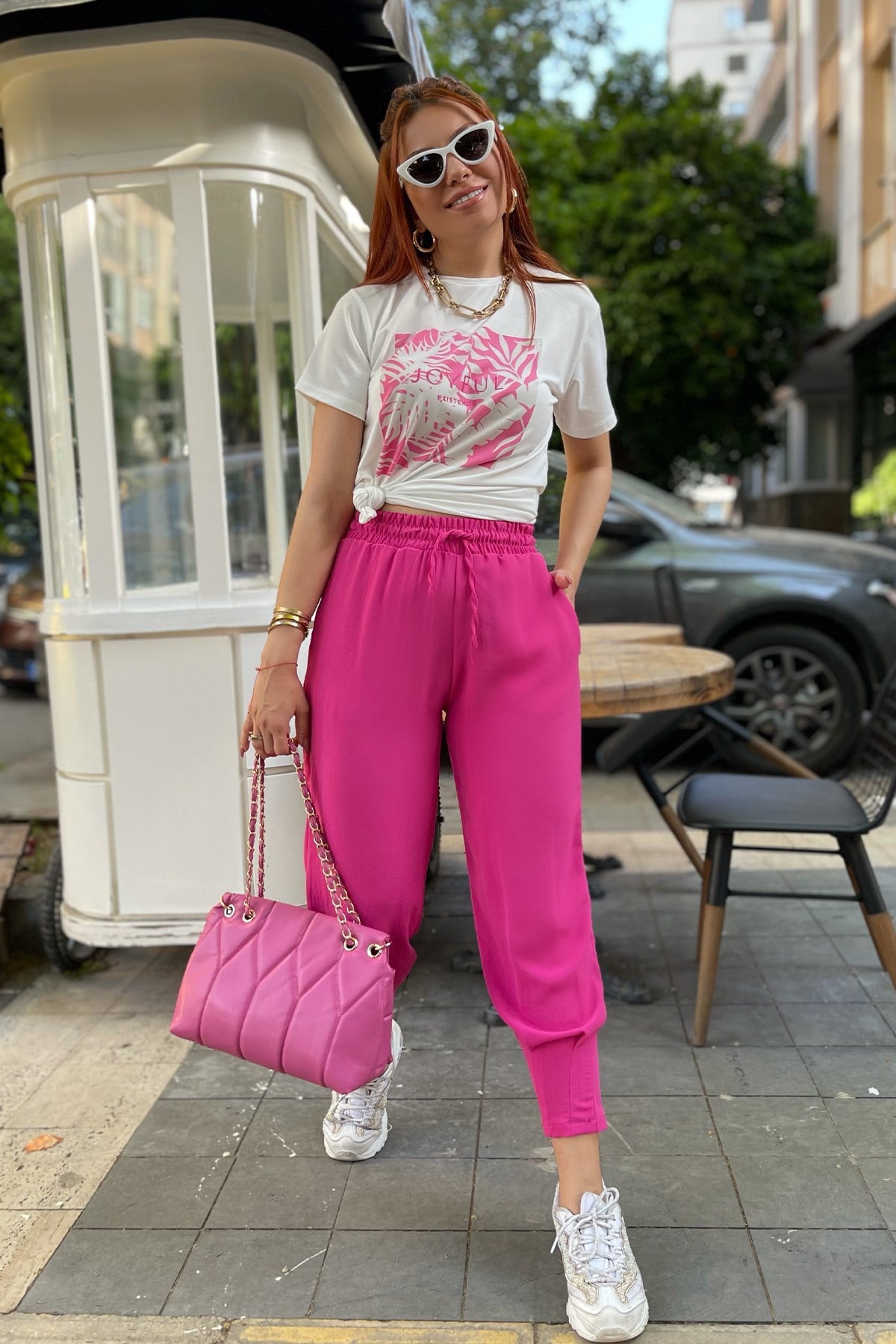 Beli Lastikli Pembe Büzgülü  Pantolon