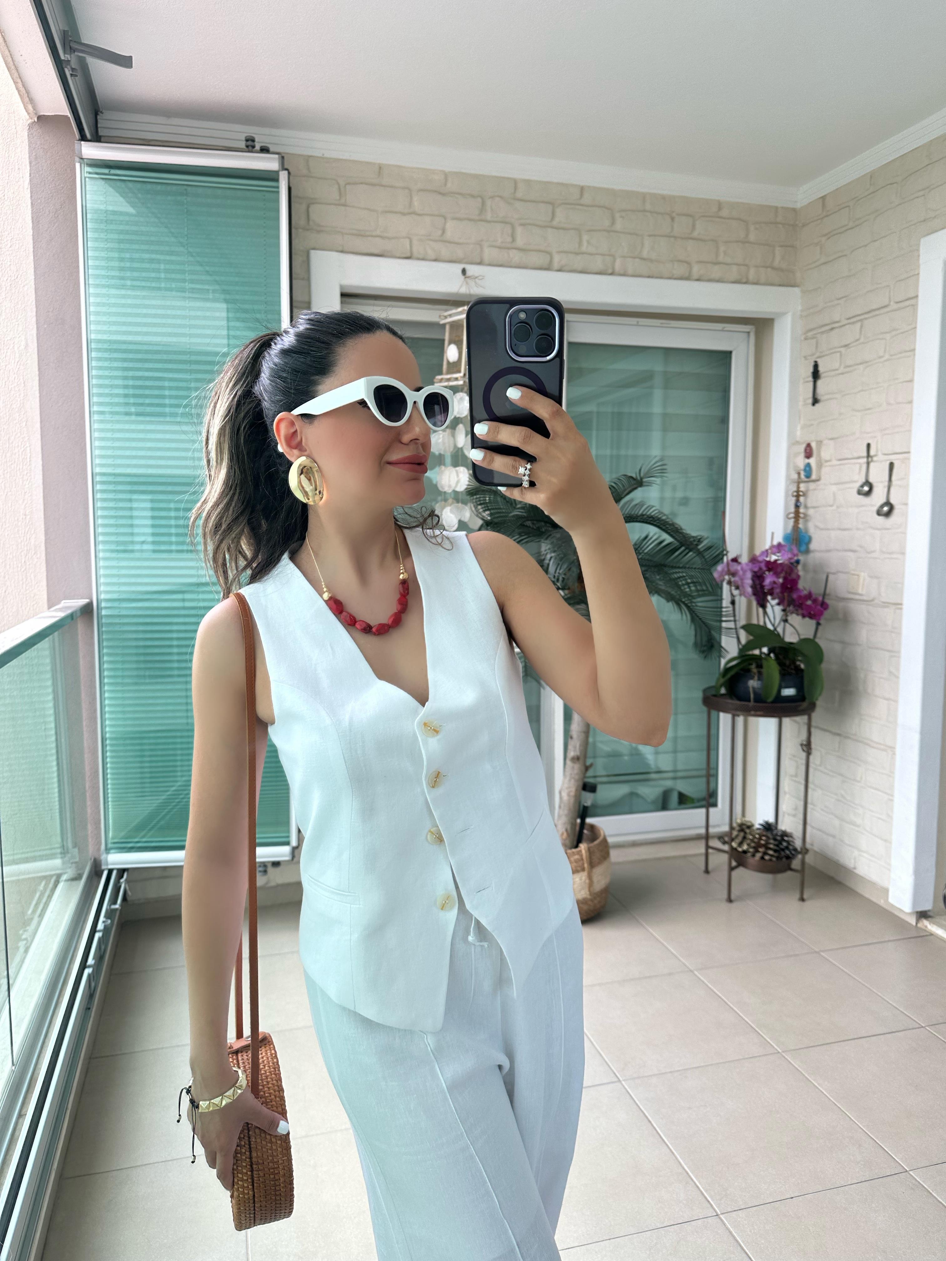 Beyaz Keten Yelek Pantolon Takım