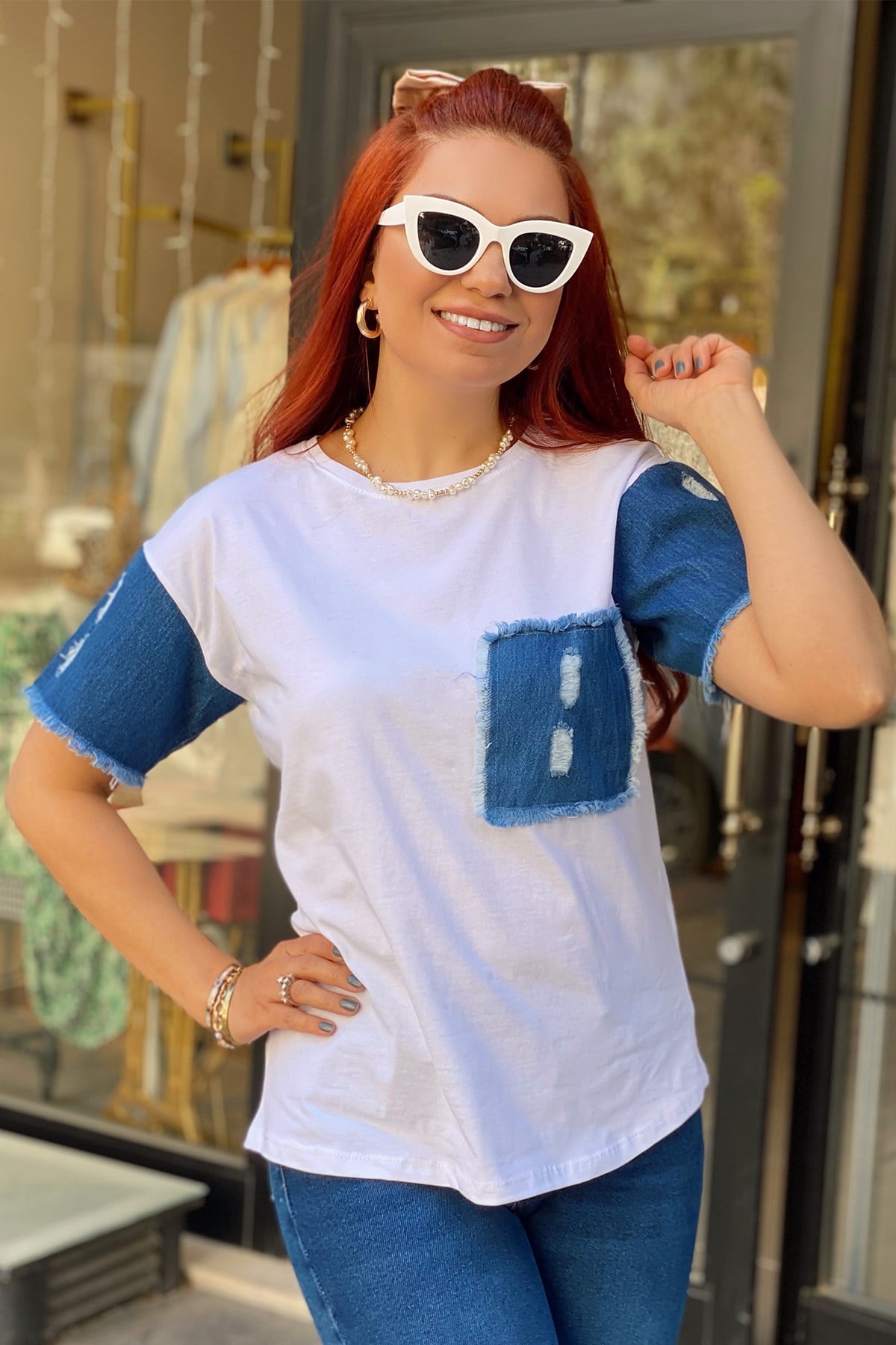 Beyaz Kolları Kot Detaylı Tshirt