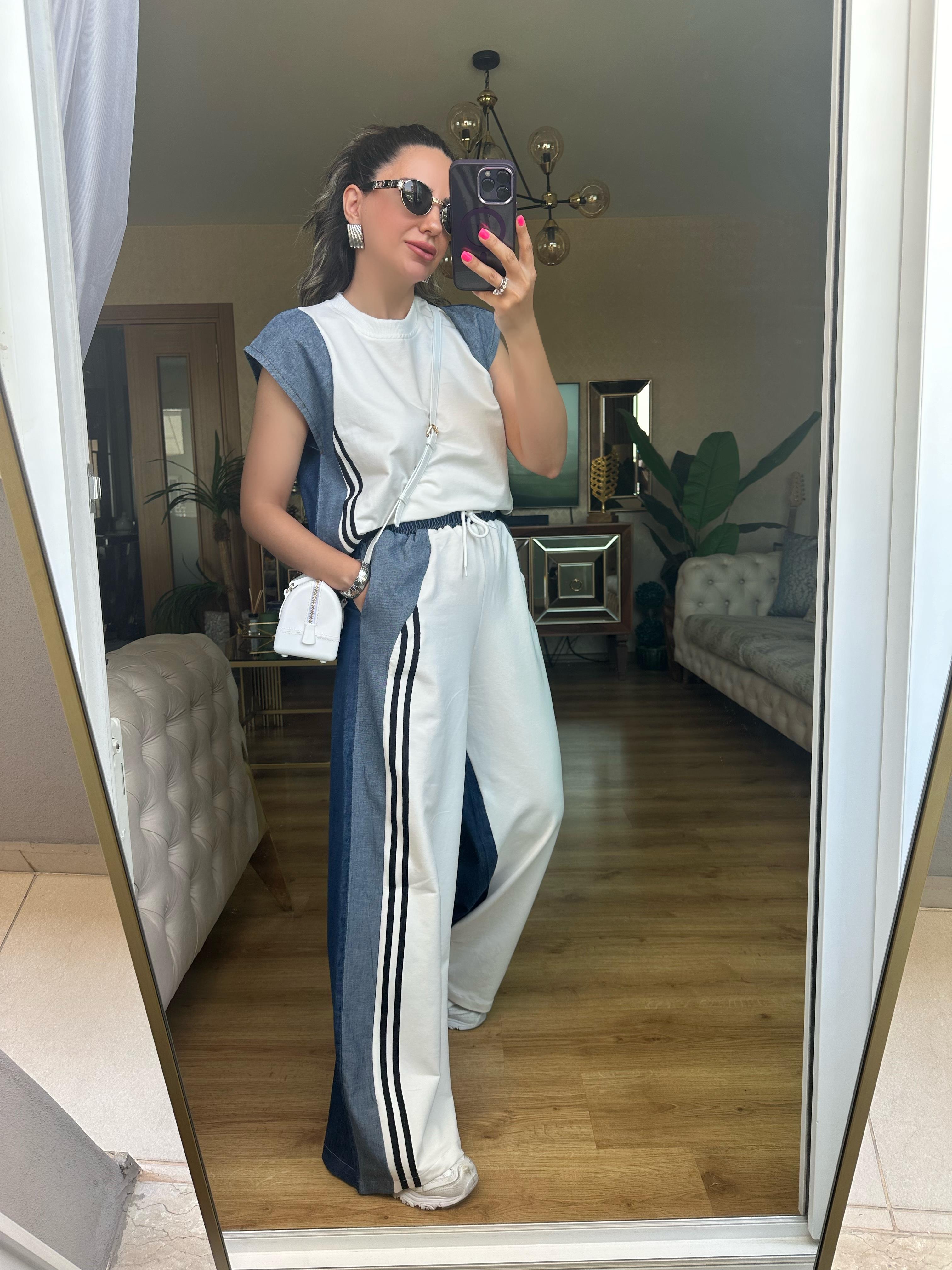 Beyaz Kot Detaylı Pantolon Bluz Takım