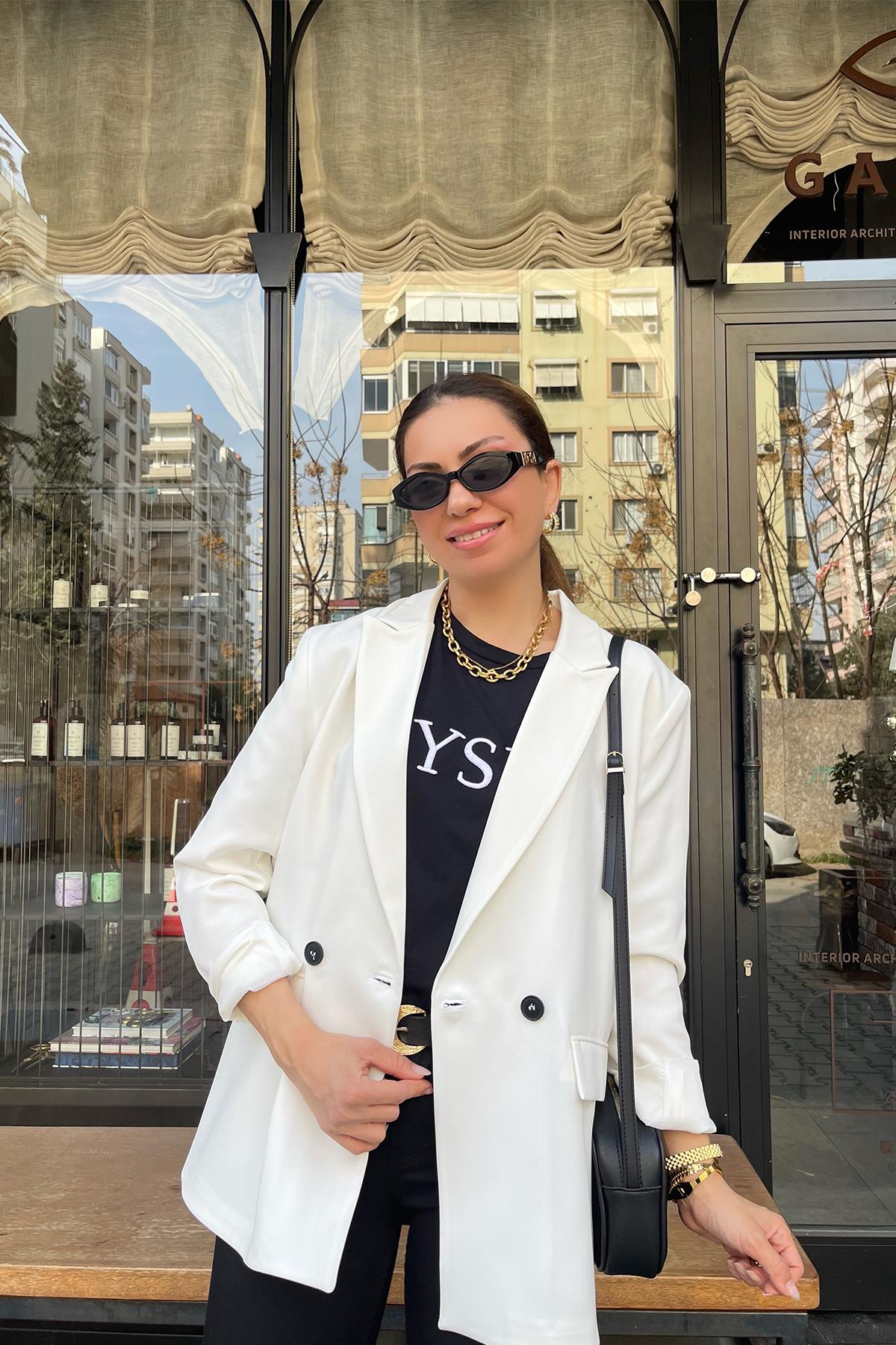 Beyaz Kruvaze Blazer Ceket