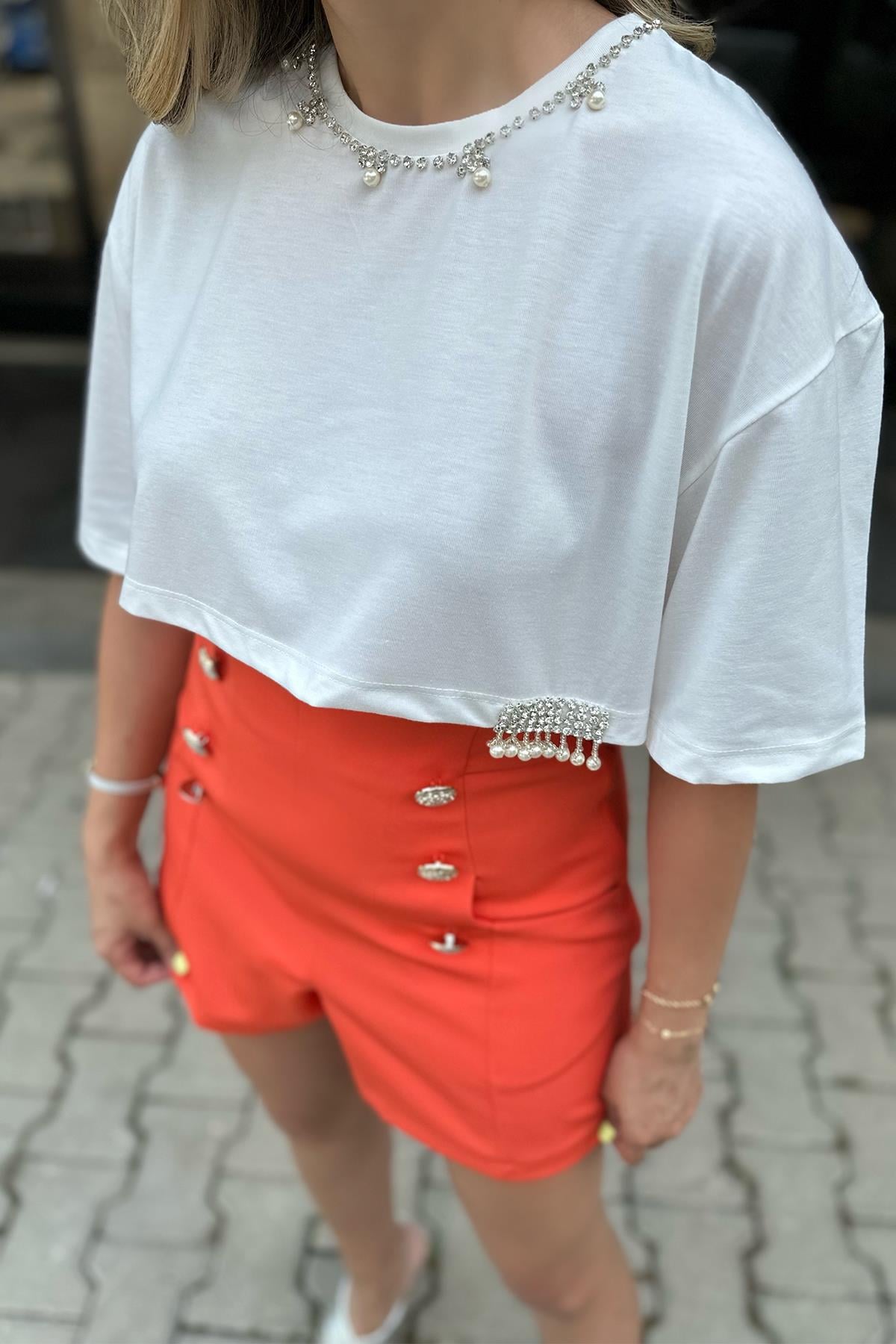 Beyaz Taşlı İncili Crop Tshirt