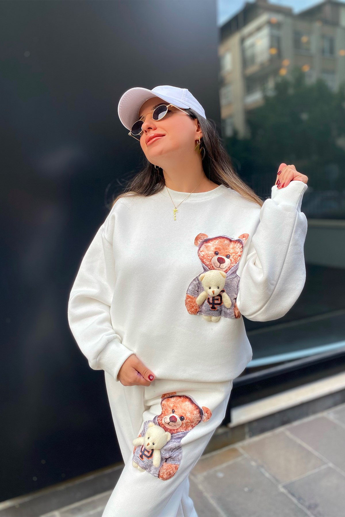 Beyaz Teddy Bear Detaylı Eşofman Takım