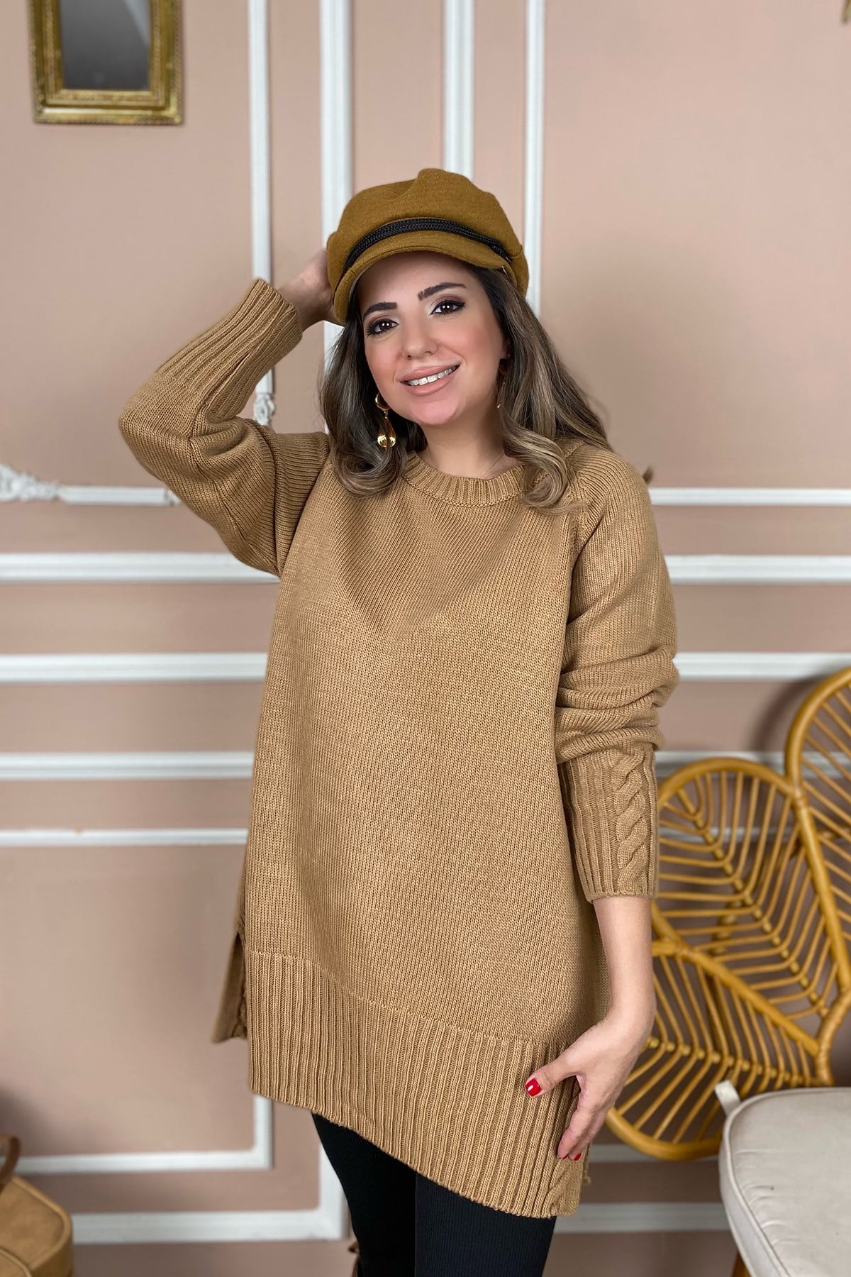 Bisiklet Yaka Tunik Kahve  Kazak