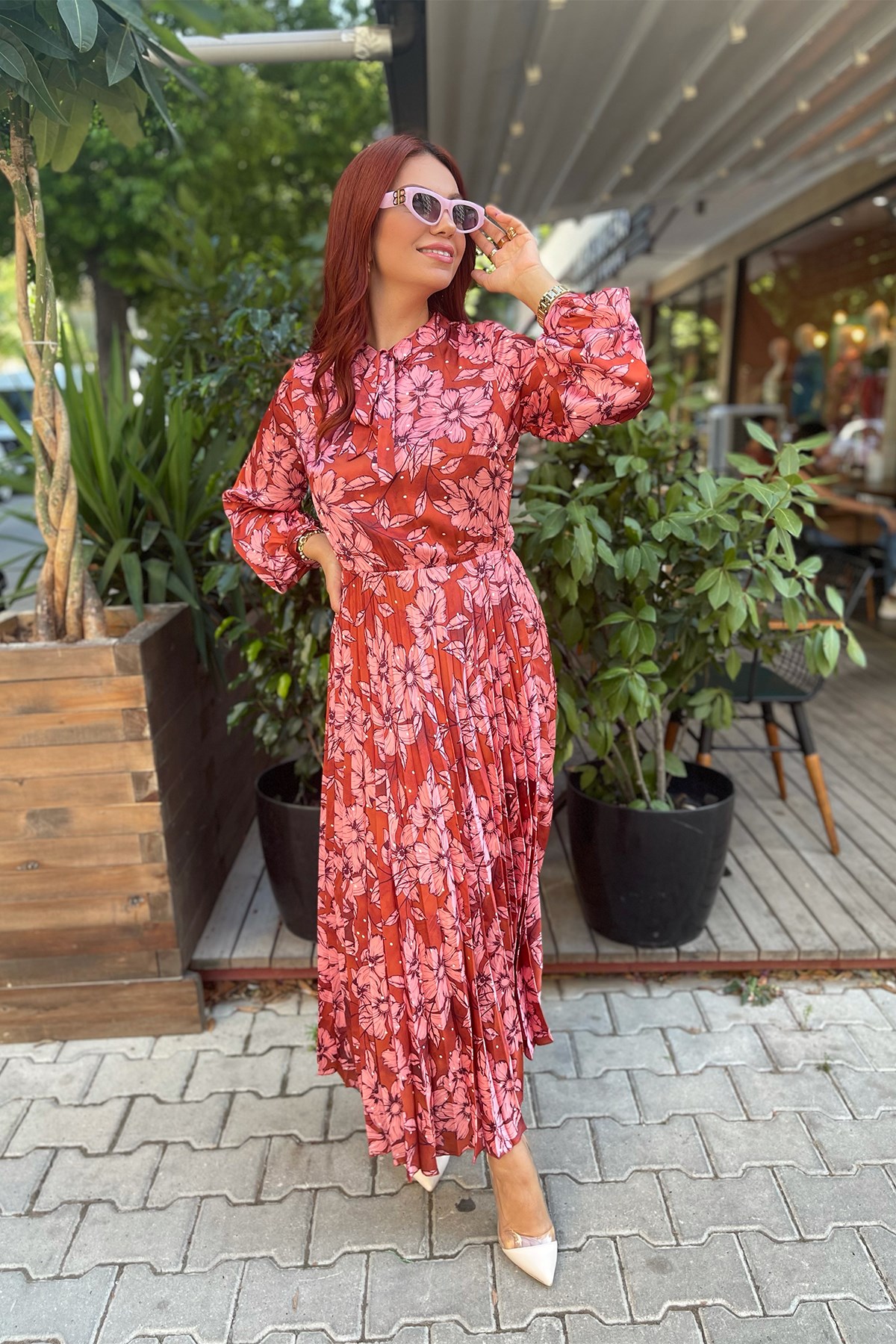 Bordo Pembe Desenli Uzun Saten Elbise