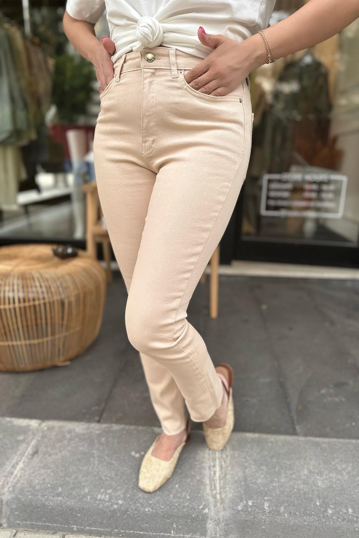 Boyfit Topshop Bej Paça Kesik  Pantolon