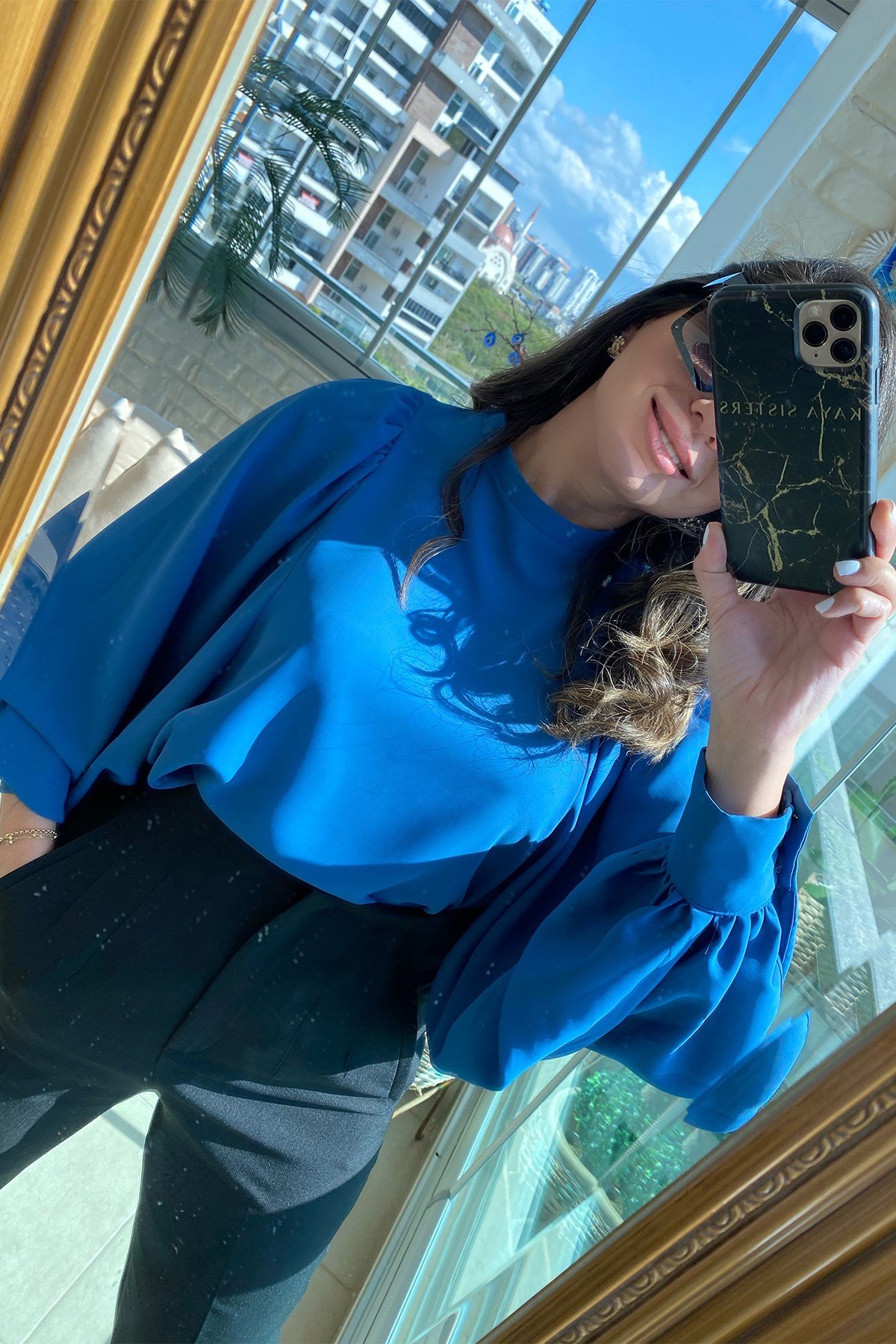 Büzgülü Balon Kol Mavi Bluz