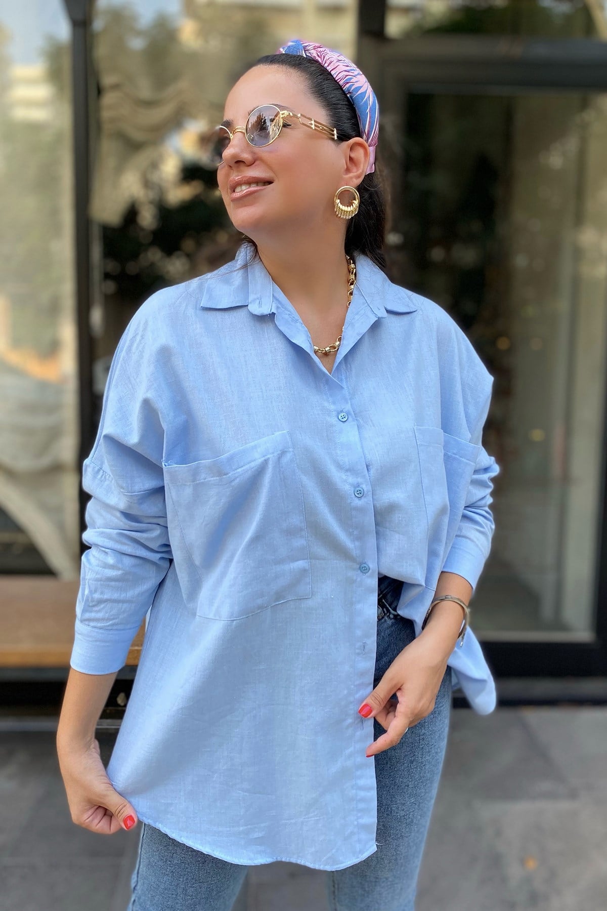 Çift Cepli Açık Mavi Oversize Gömlek
