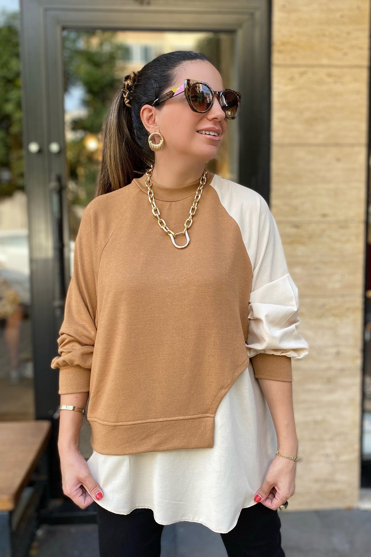 Çift Renk  Ekru Sweatshirt