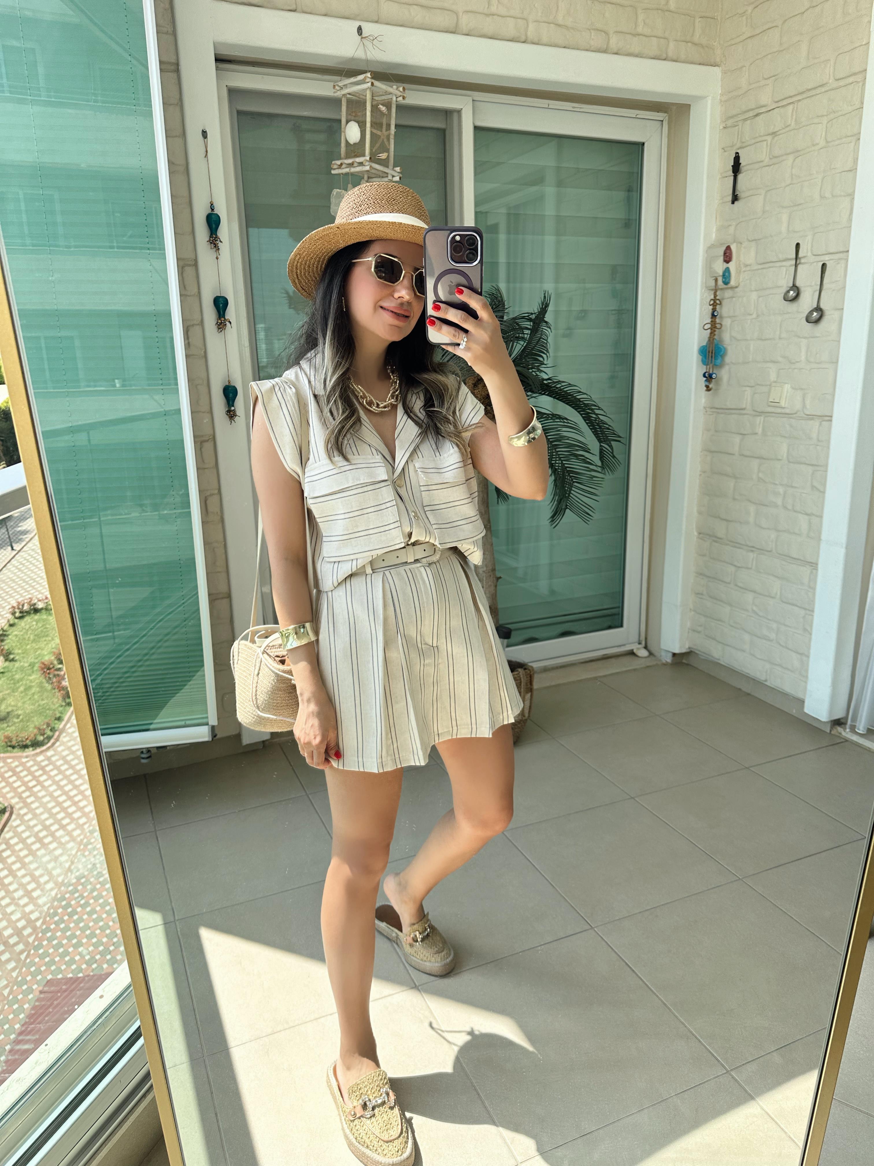 Çizgili Kendinden Kemerli Şort Gömlek Takım