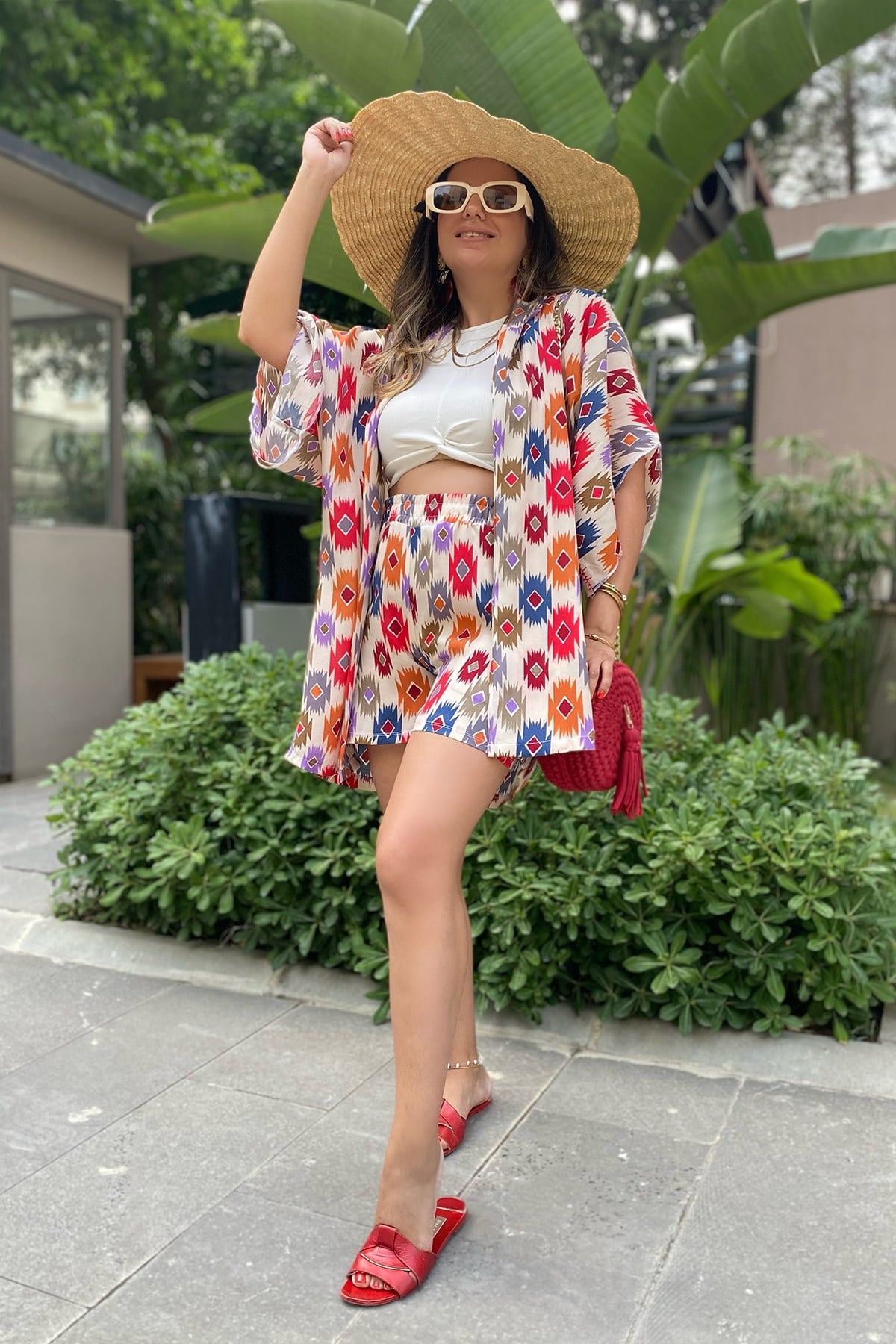 Desenli Şortlu Kimono Takım