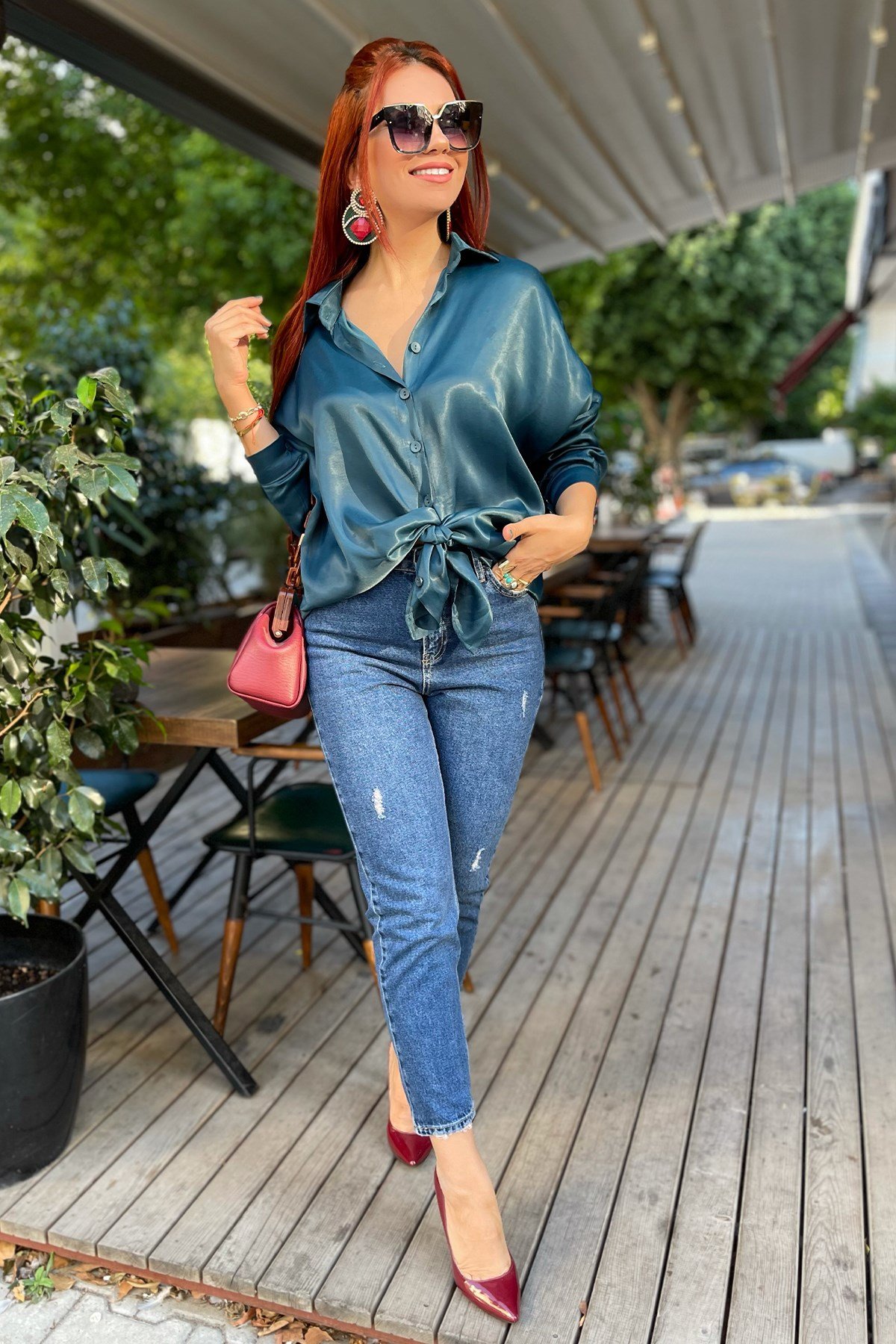 Düşük Omuz Saten Petrol Yeşili Oversize Gömlek