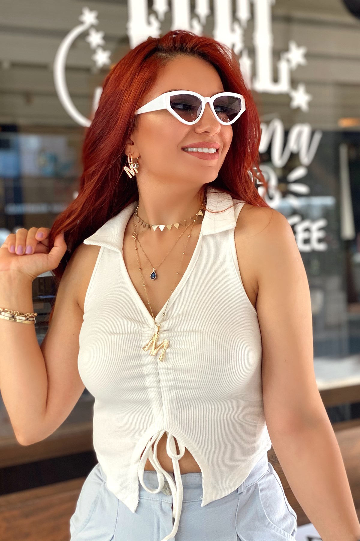 Ekru Fitilli Bağlamalı Bluz