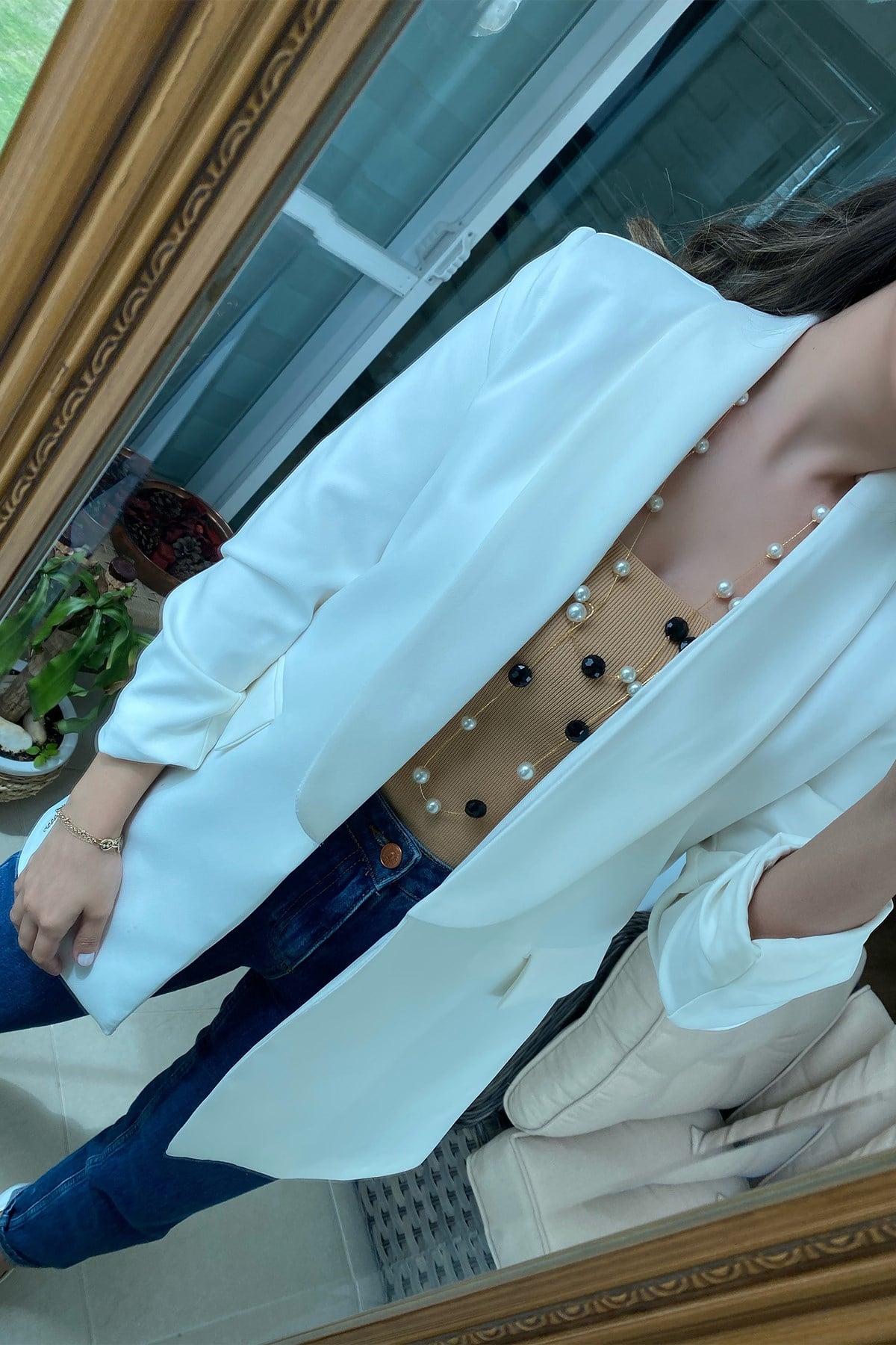 Ekru Kolları Büzgülü Blazer Ceket