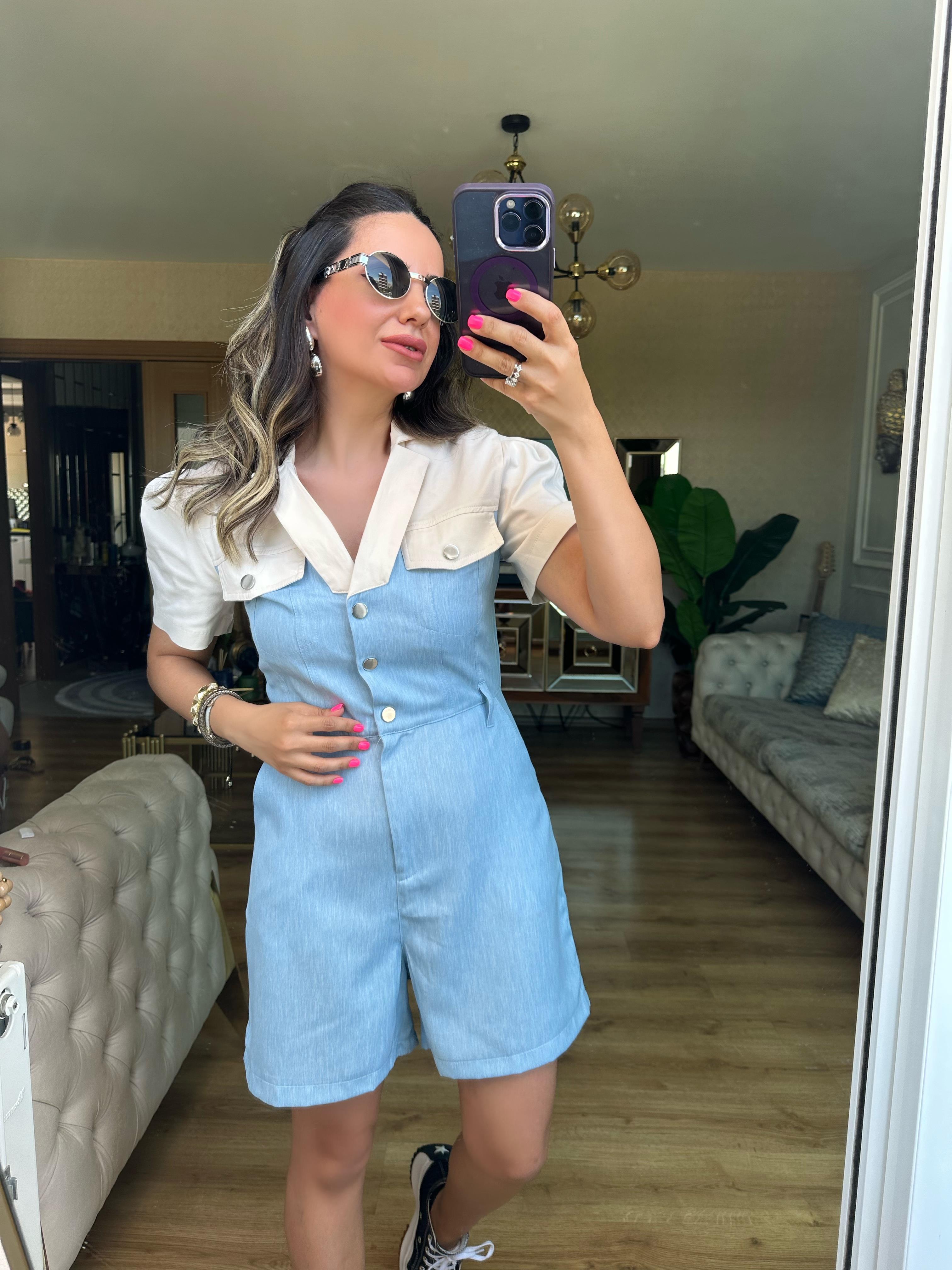 Ekru Mavi Garnili Tulum