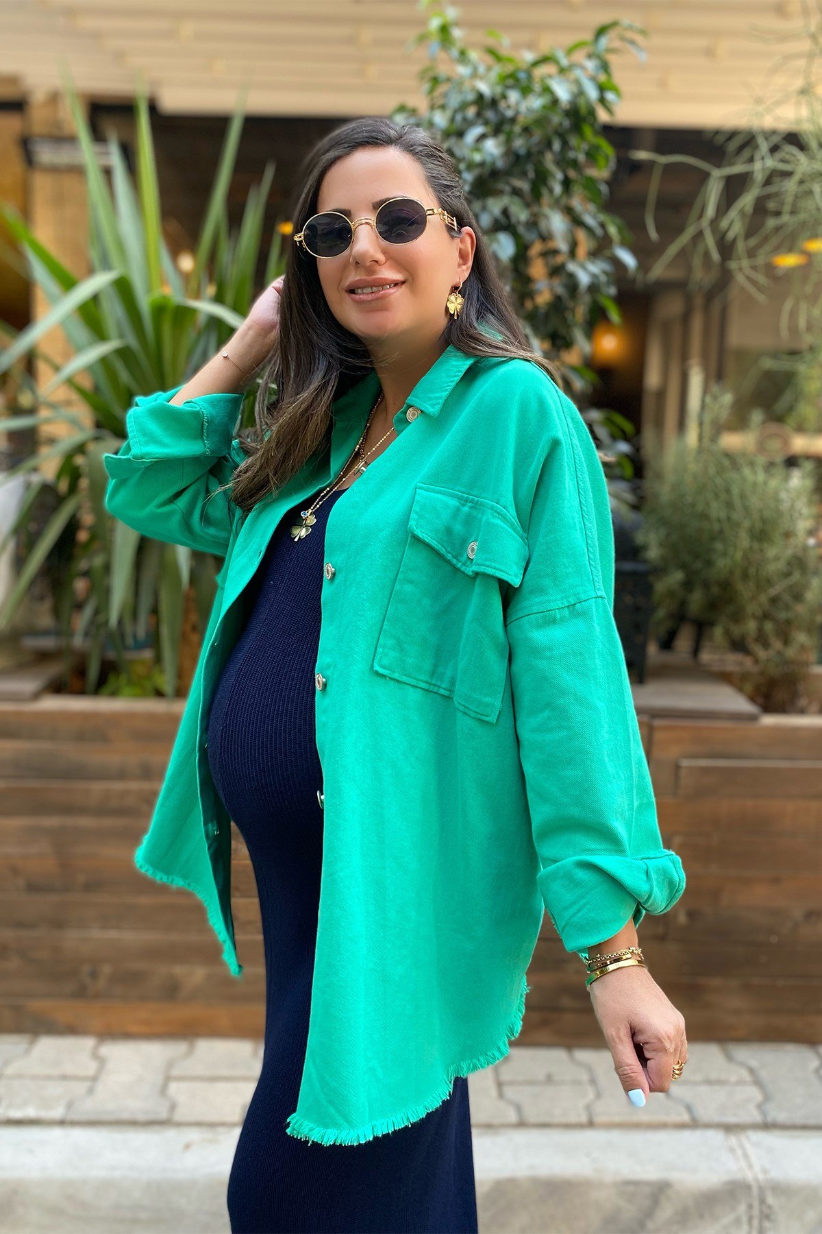 Eteği Püsküllü Yeşil Gabardin Ceket