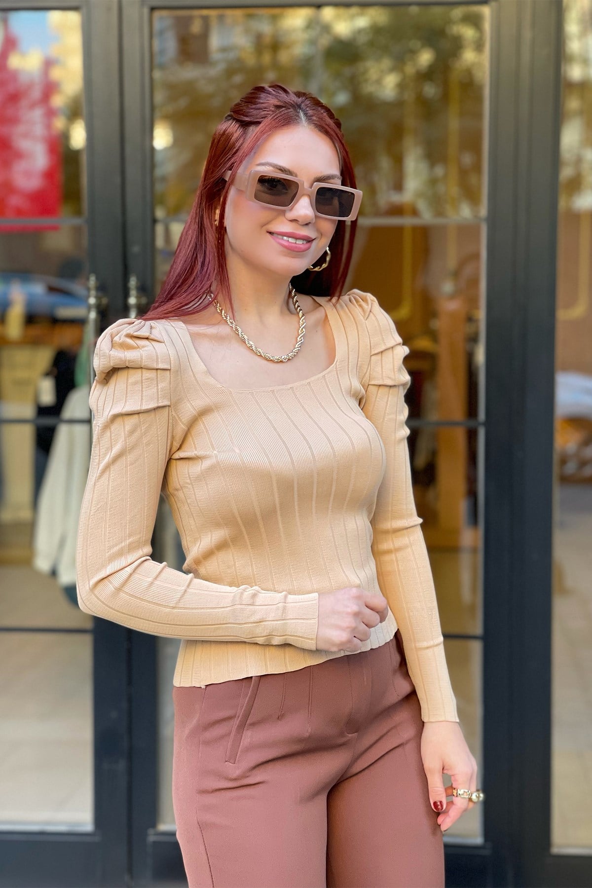 Fitilli Uzun Kol Bej Triko Bluz