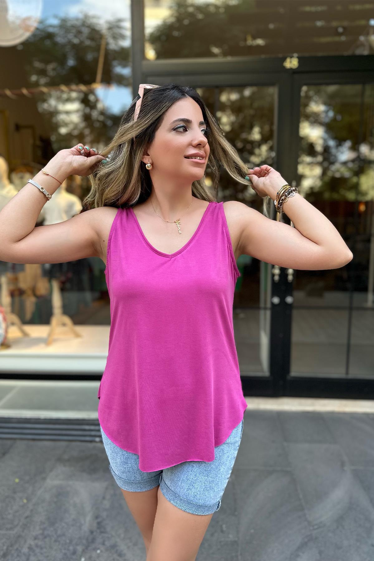 Fuşya Kolsuz Modal Kumaş Bluz