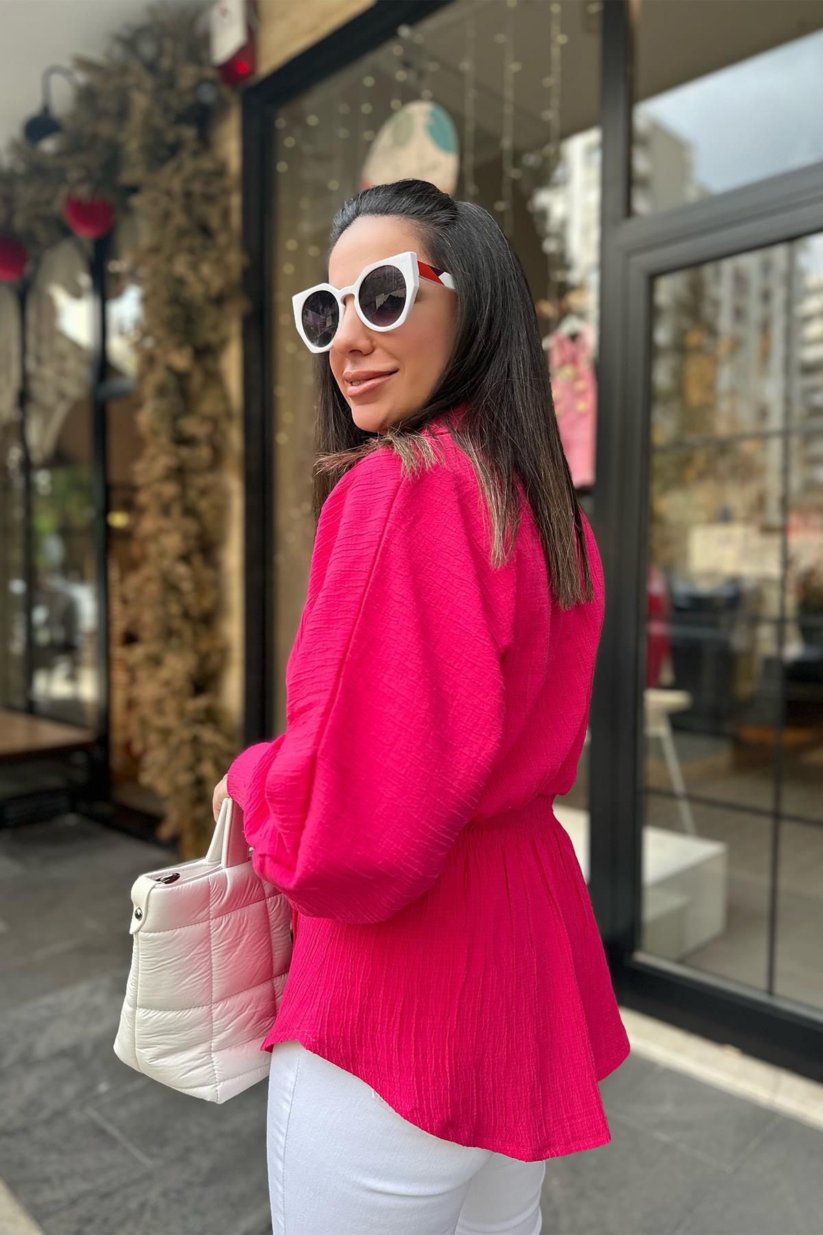 Fuşya Kruvaze Yaka Düğme Detaylı Bluz