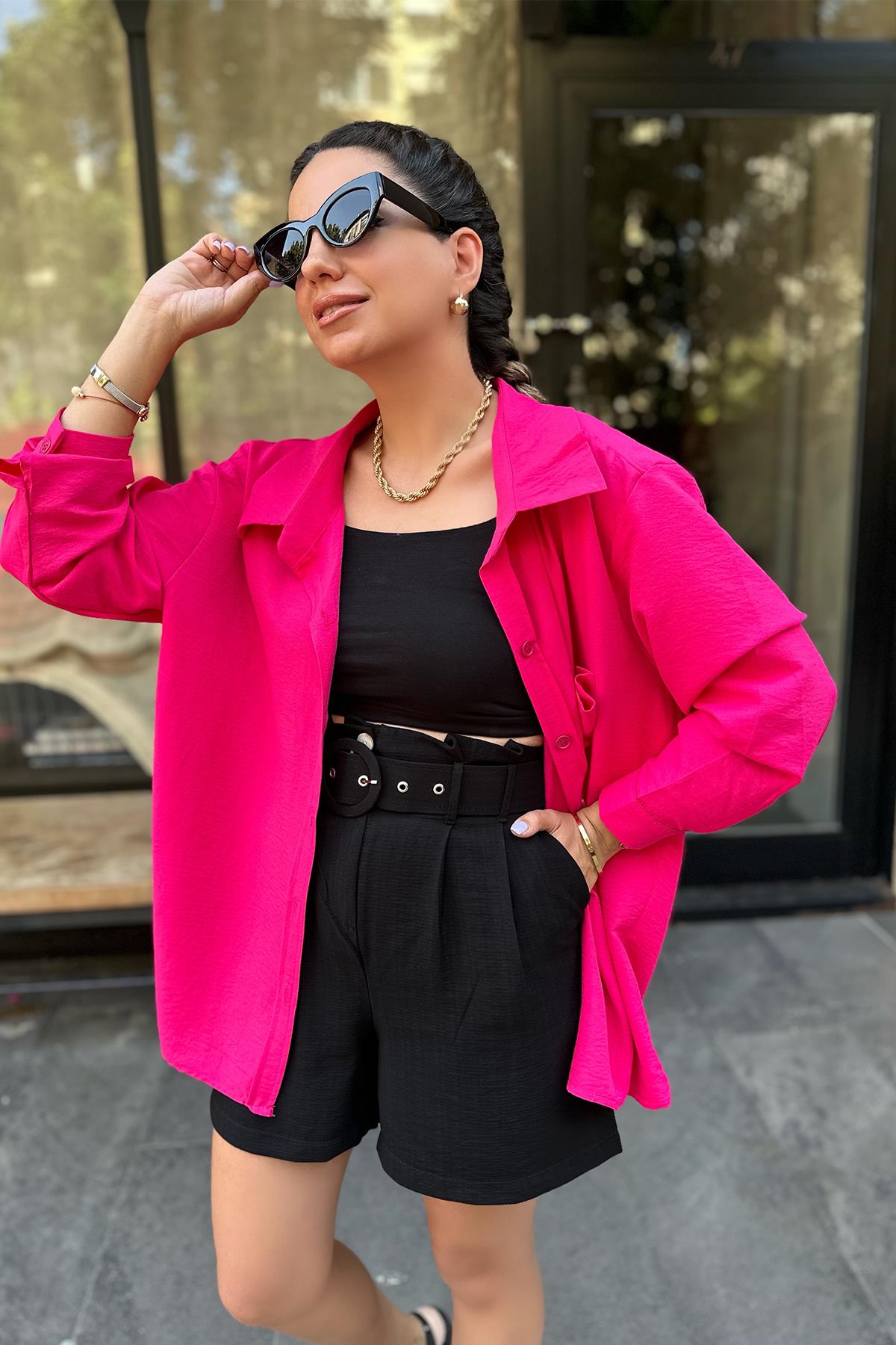 Fuşya Pembe Tek Cepli Oversize Gömlek