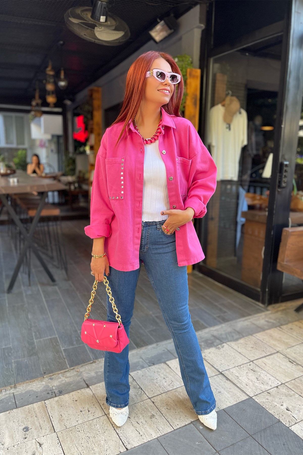 Fuşya Pembe Zımba Detaylı Ceket