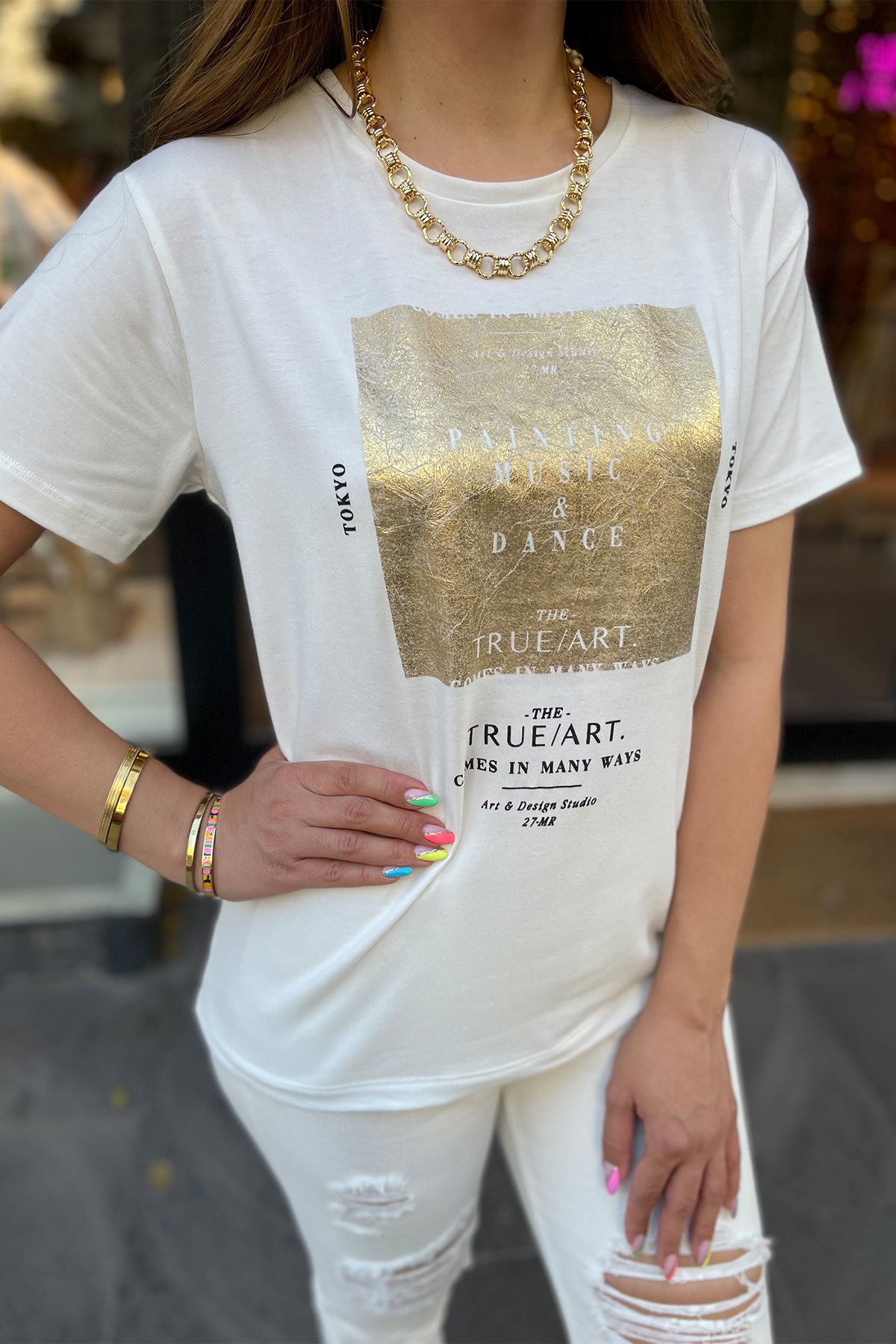 Gold Önü Varaklı Tshirt