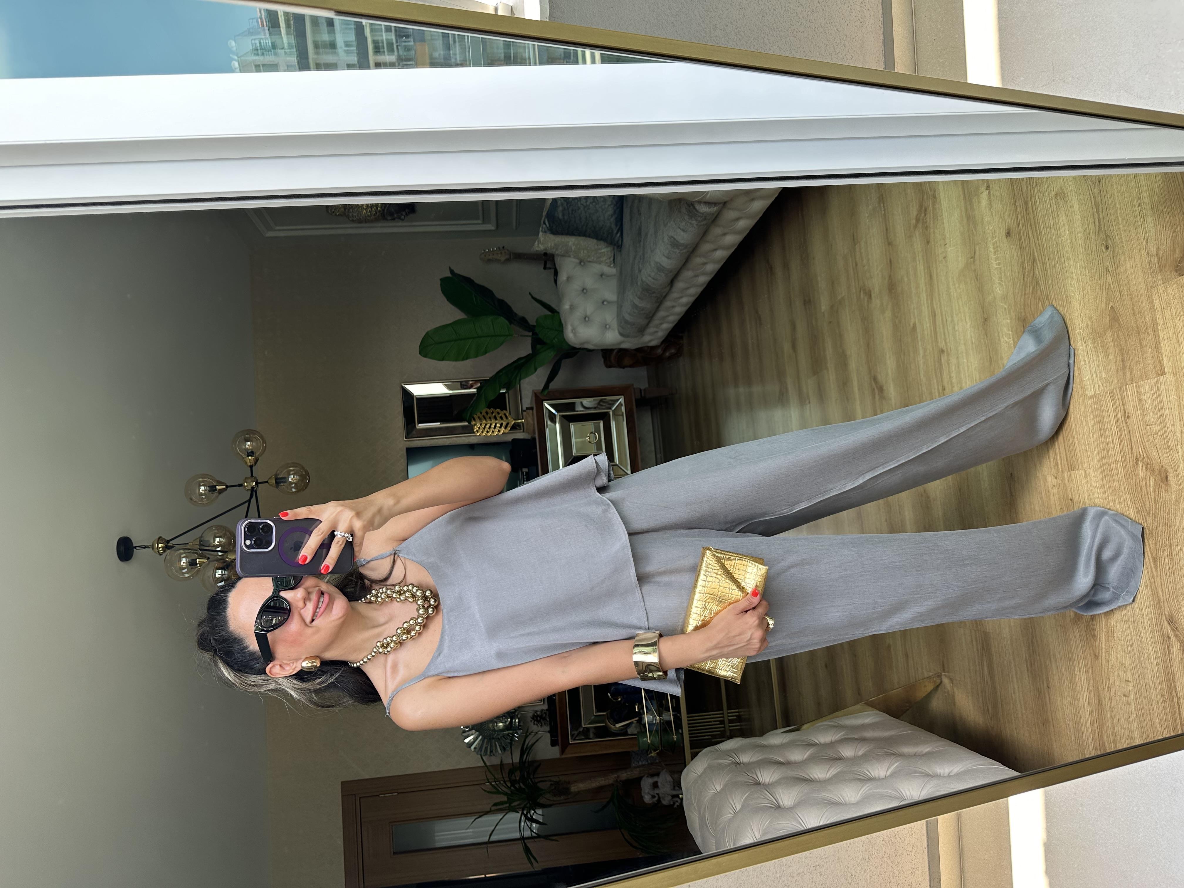 Gri Askılı Pantolon Bluz Takım