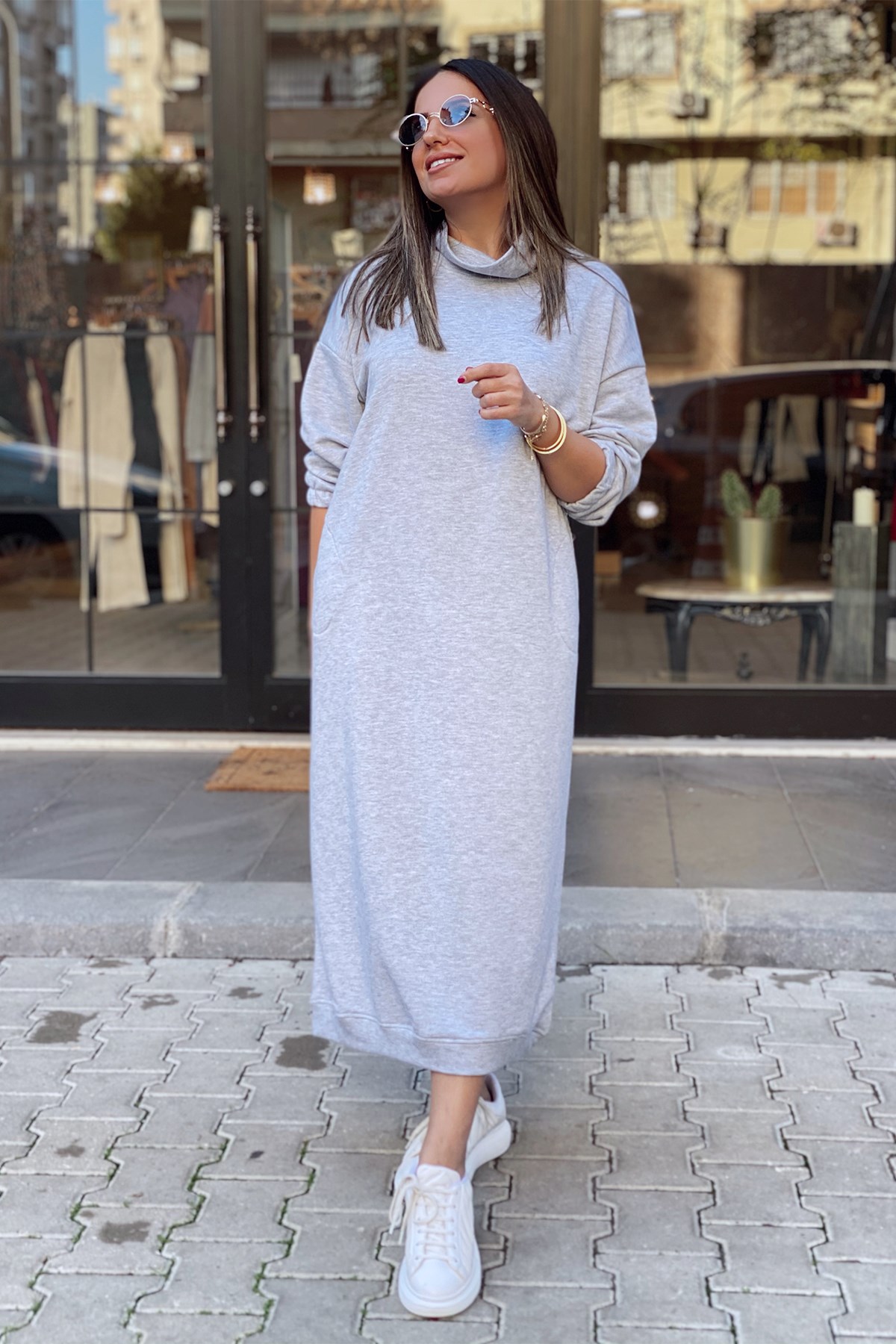 Gri Balıkçı Yaka Oversize Elbise
