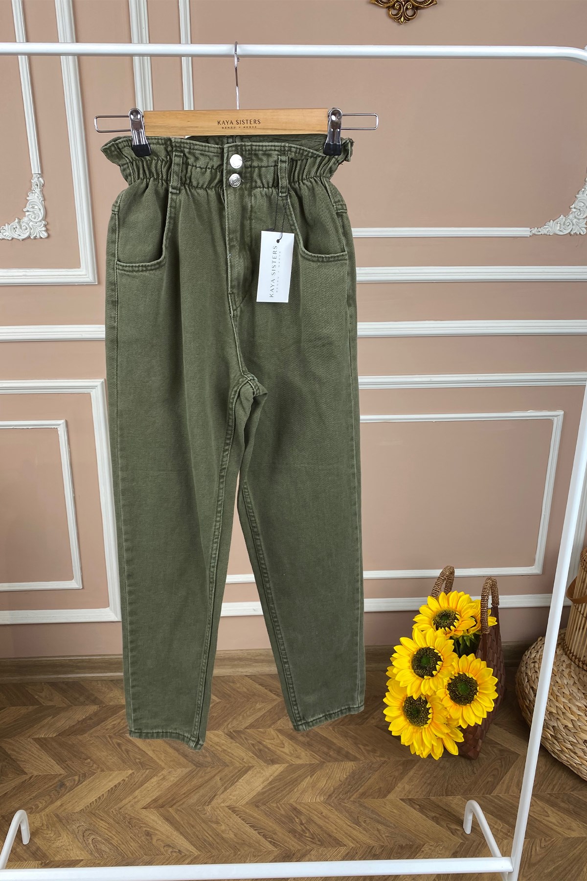 Haki Beli Lastikli Mom Pantolon