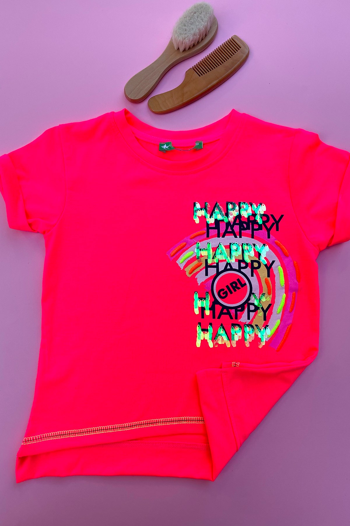 Happy Baskılı Pembe Tshirt