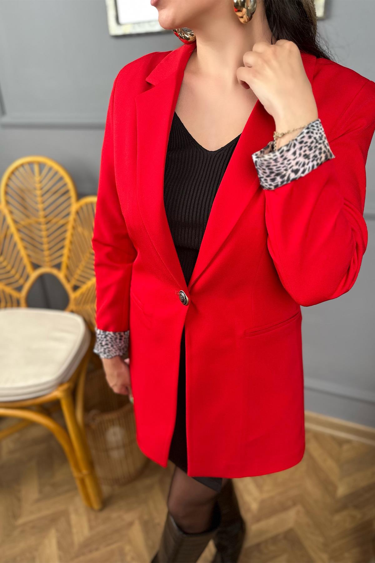 İçi Leopar Astarlı Kırmızı Blazer Ceket