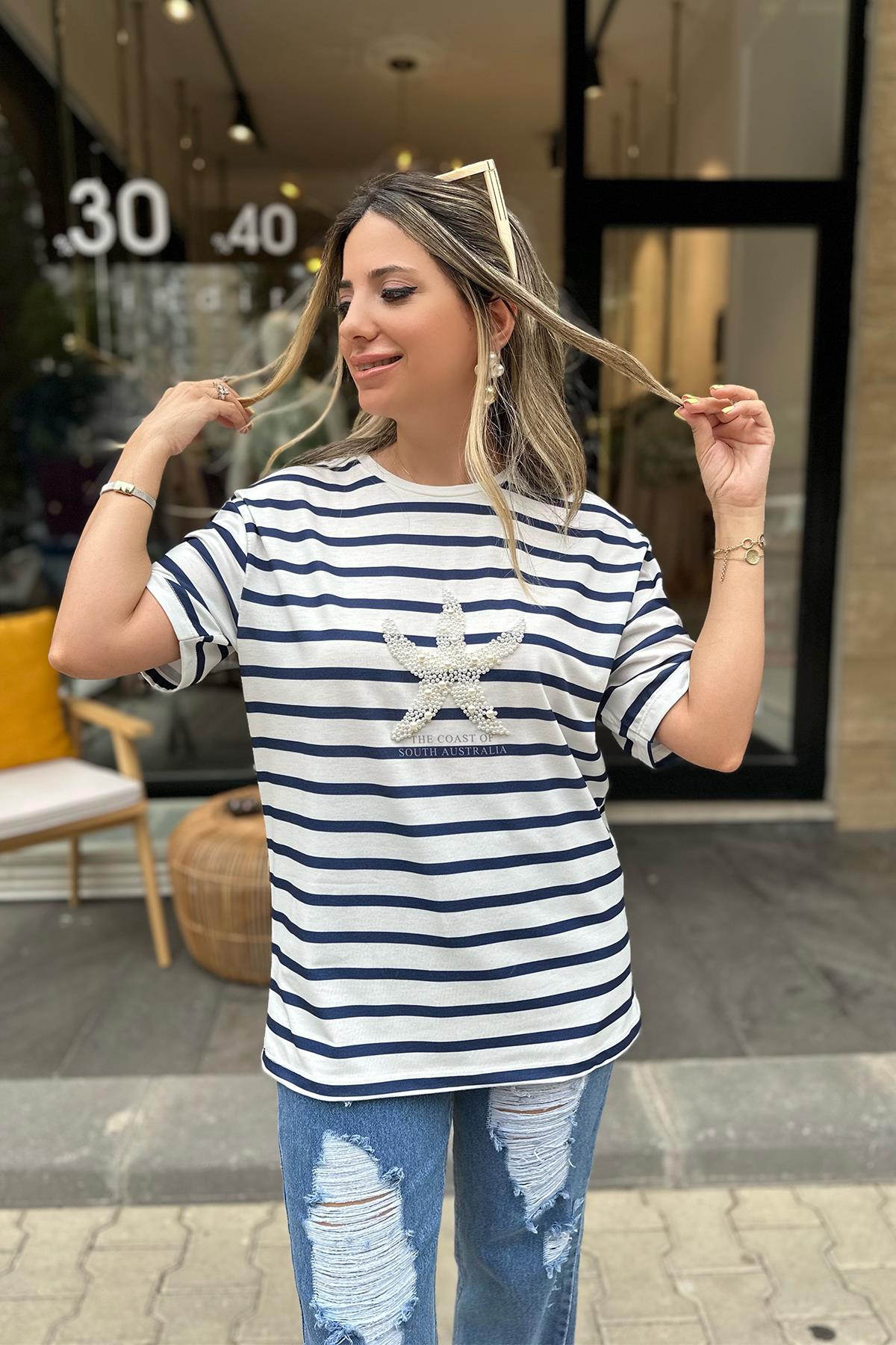İnci Detaylı Lacivert Çizgili Tshirt