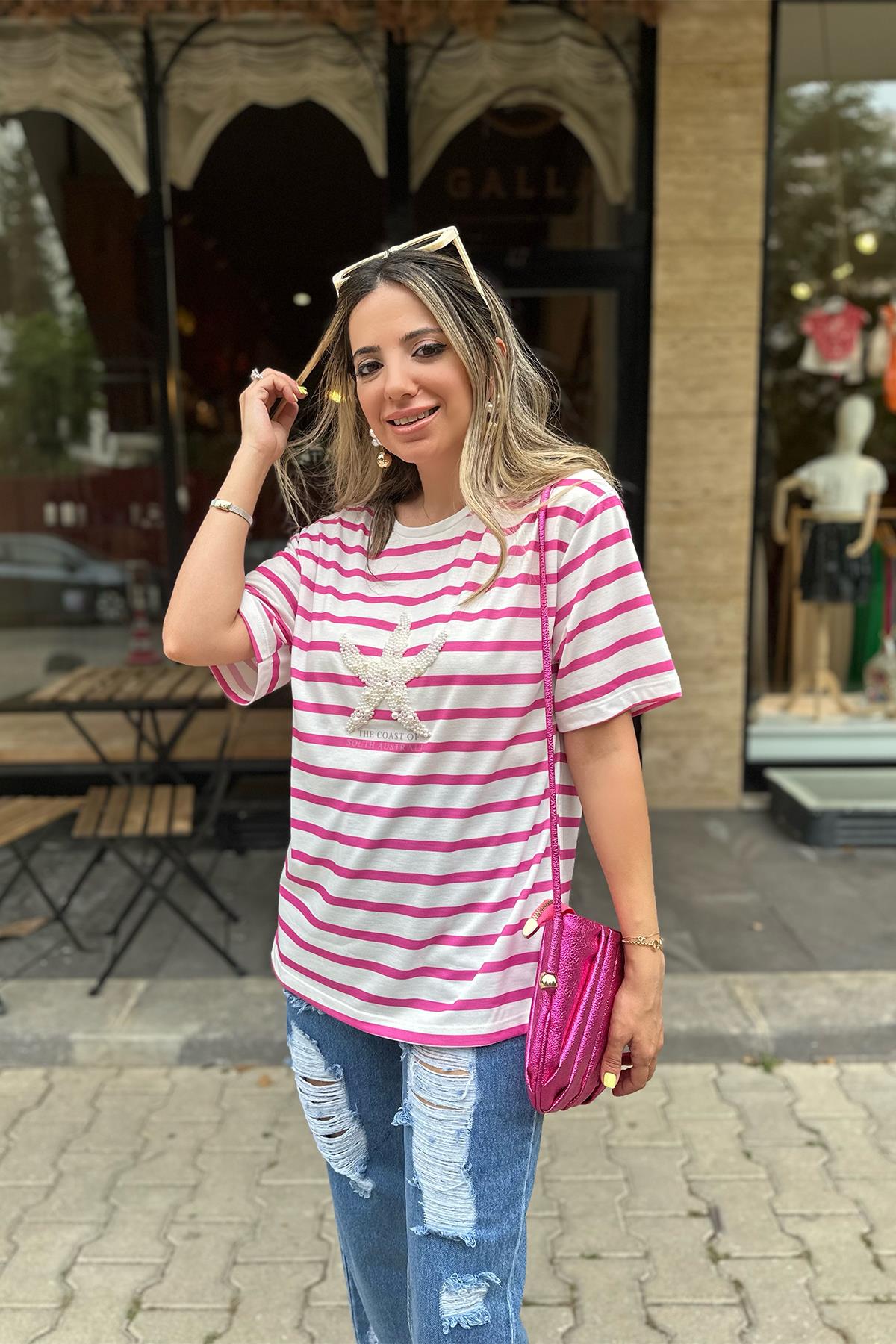 İnci Detaylı Pembe Çizgili Tshirt