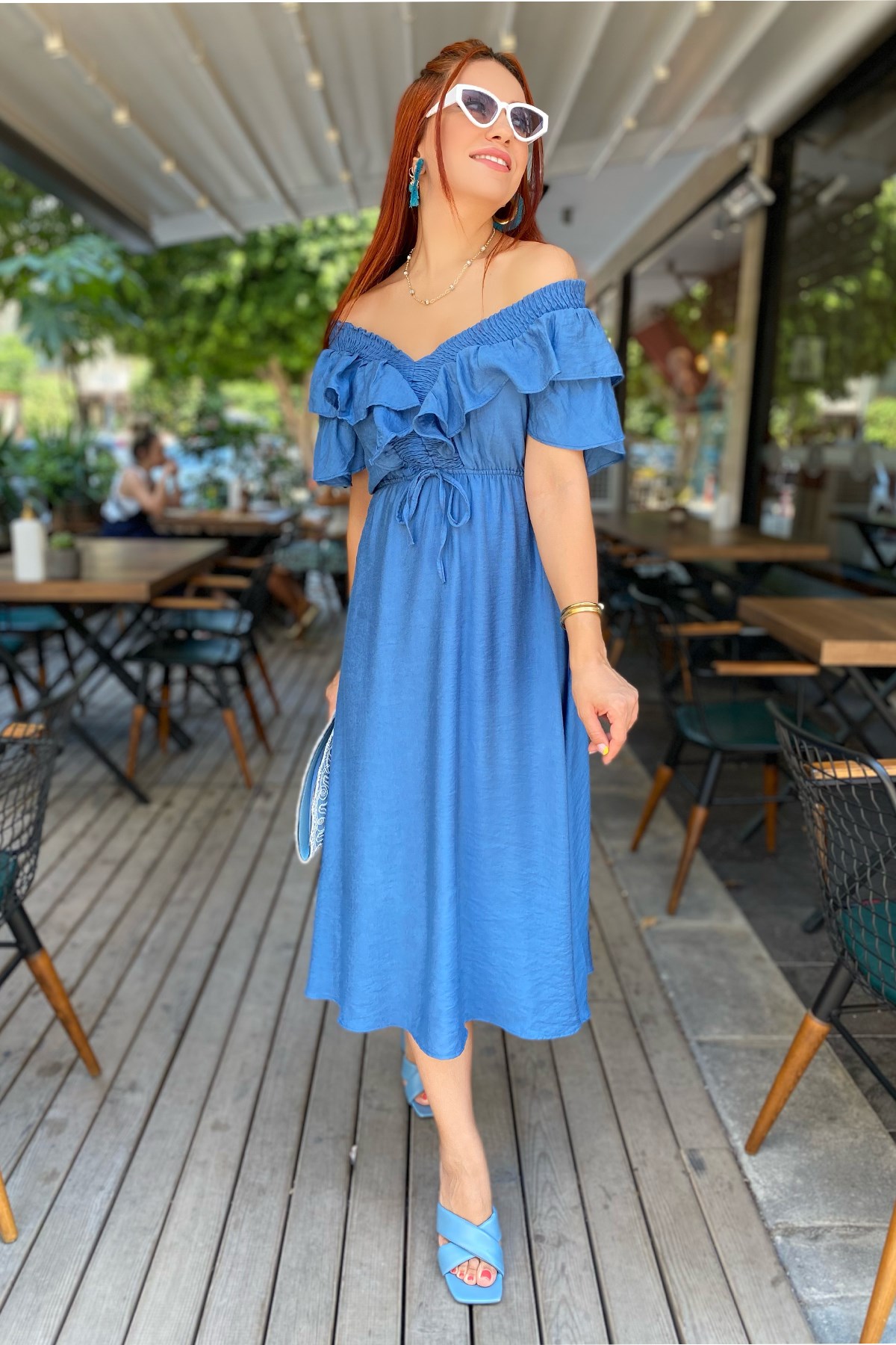 İndigo Mavi Omuz Volanlı Elbise - KAYA SISTERS
