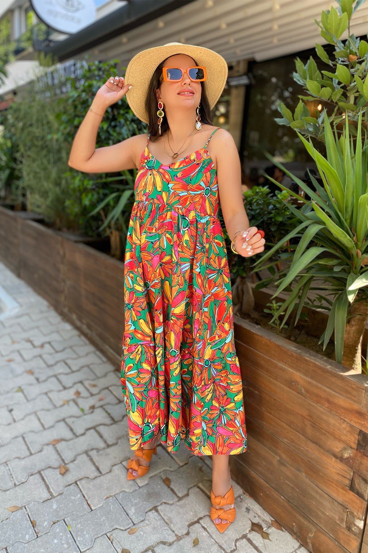 İp Askılı Desenli Poplin Elbise