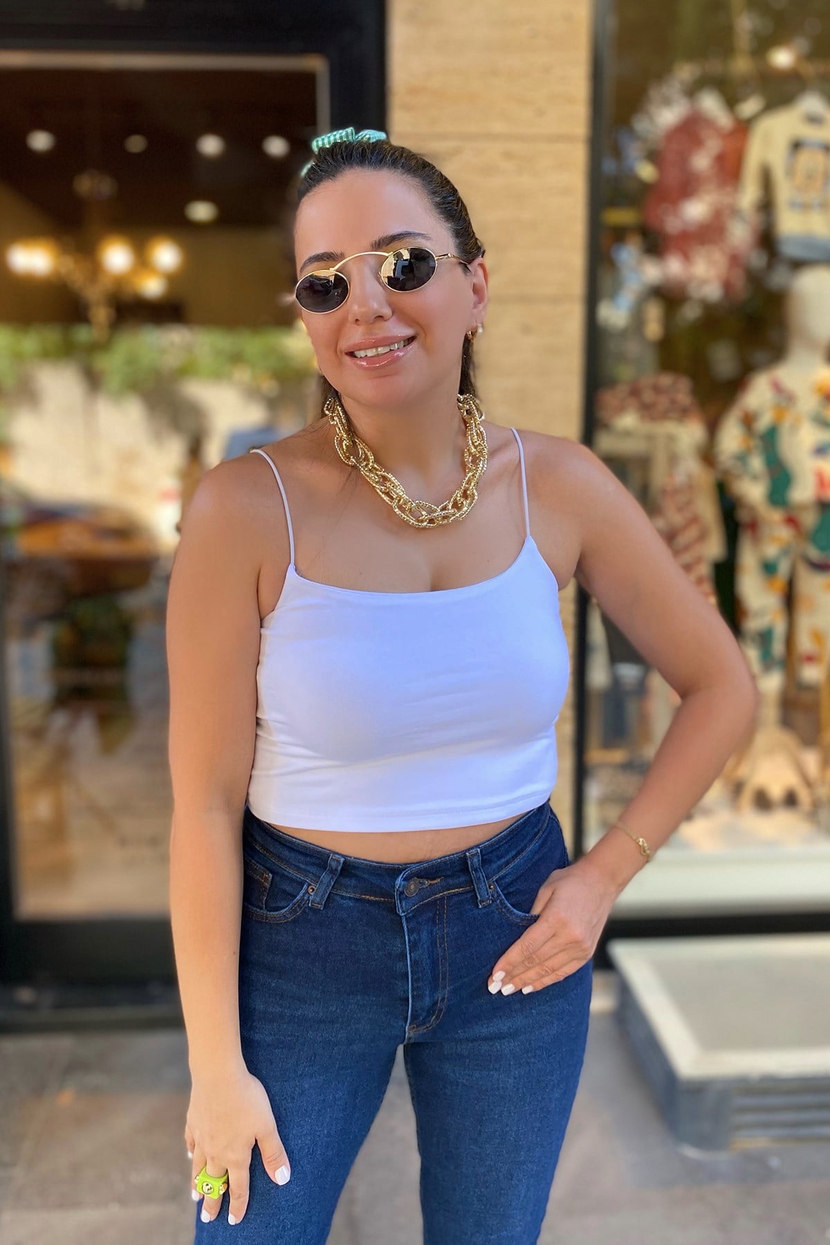 İp Askılı Kısa Beyaz Crop Bluz 