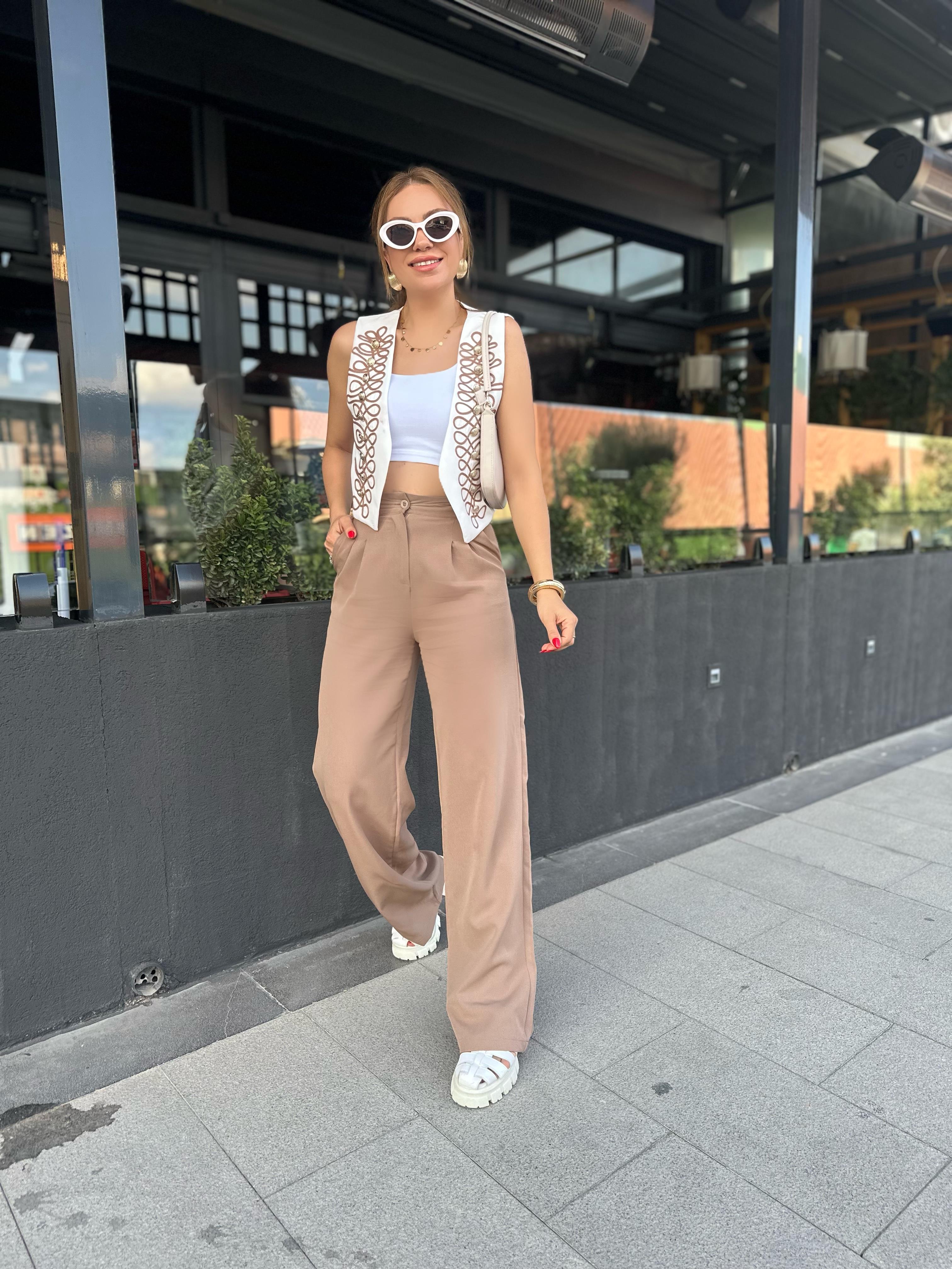 Kahve Çift Pliseli Palazzo Pantolon