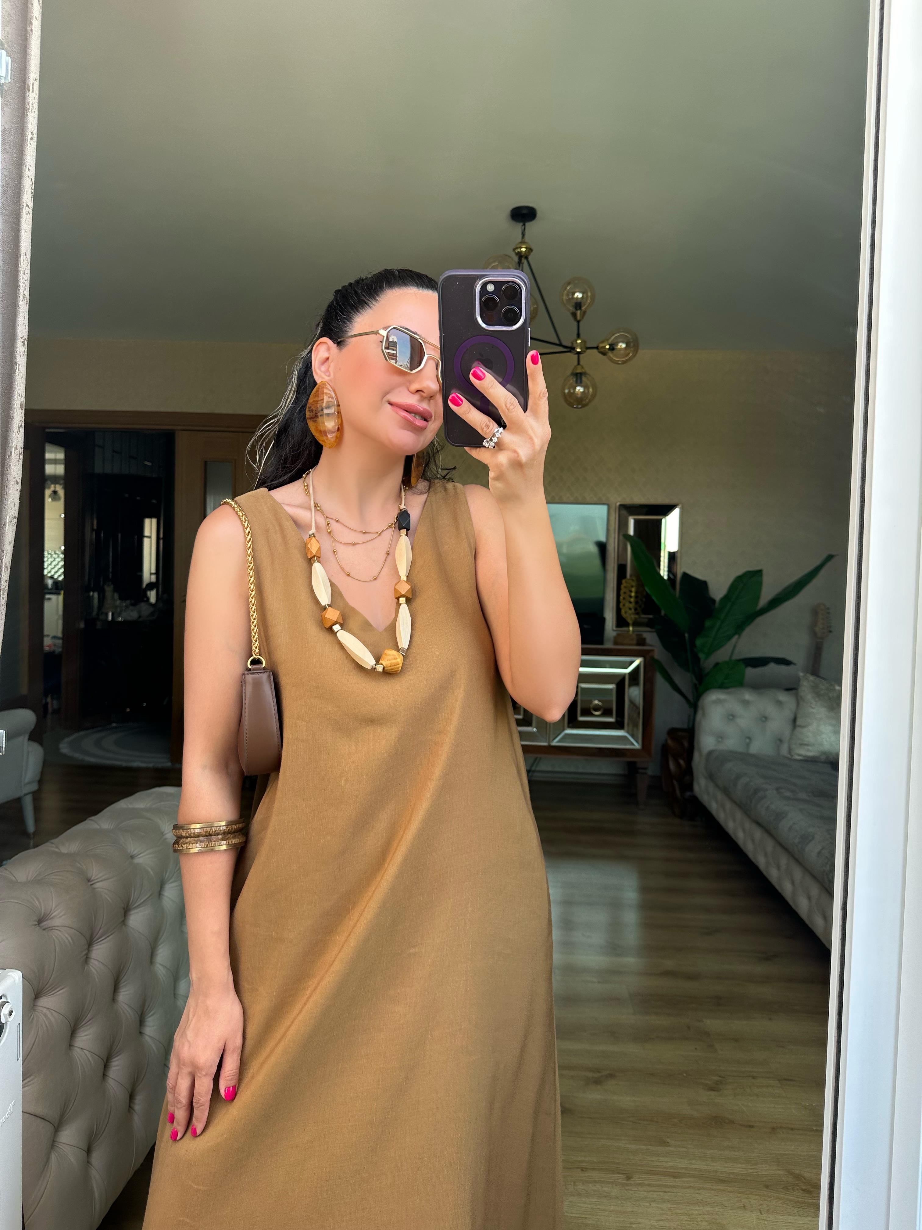 Kahve Lastik Askılı Keten Elbise