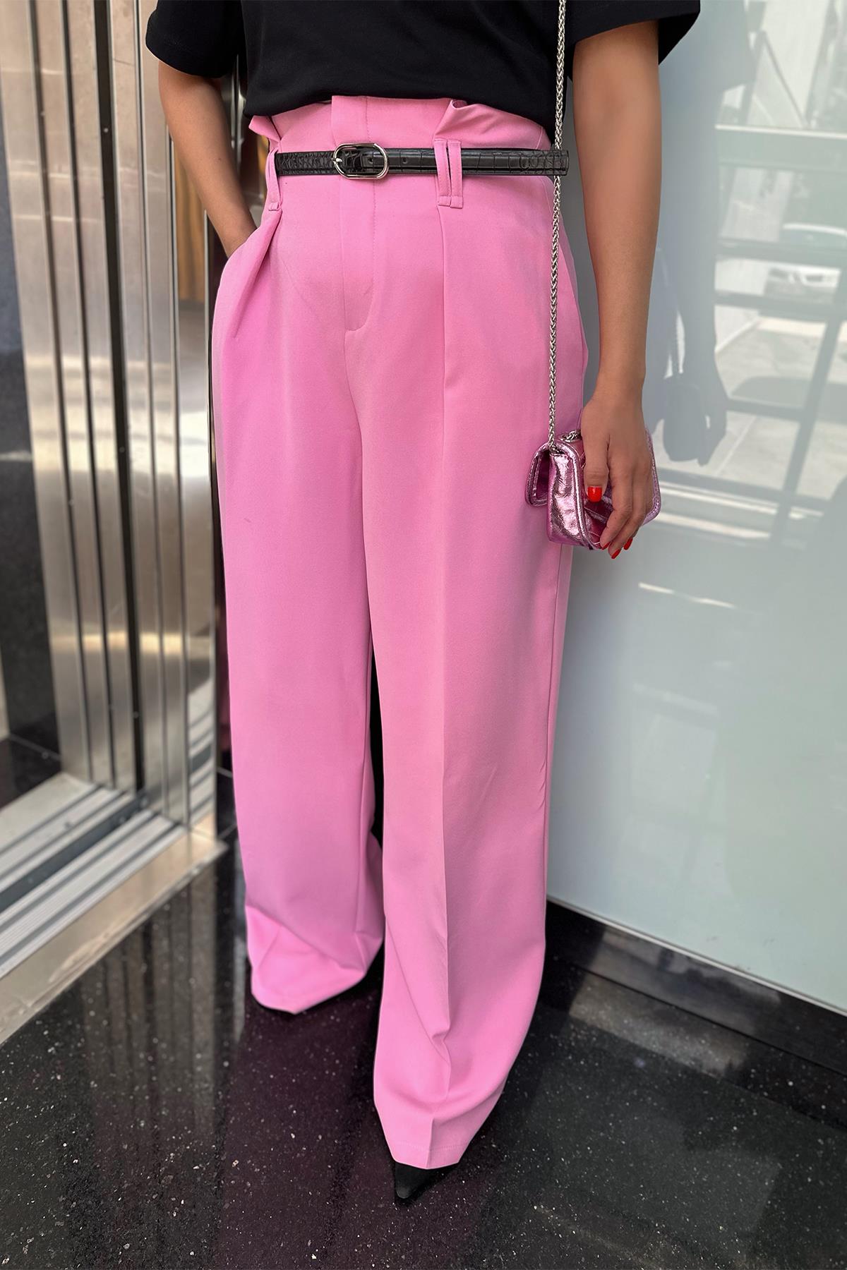 Kemerli Pembe Premium Palazzo Pantolon