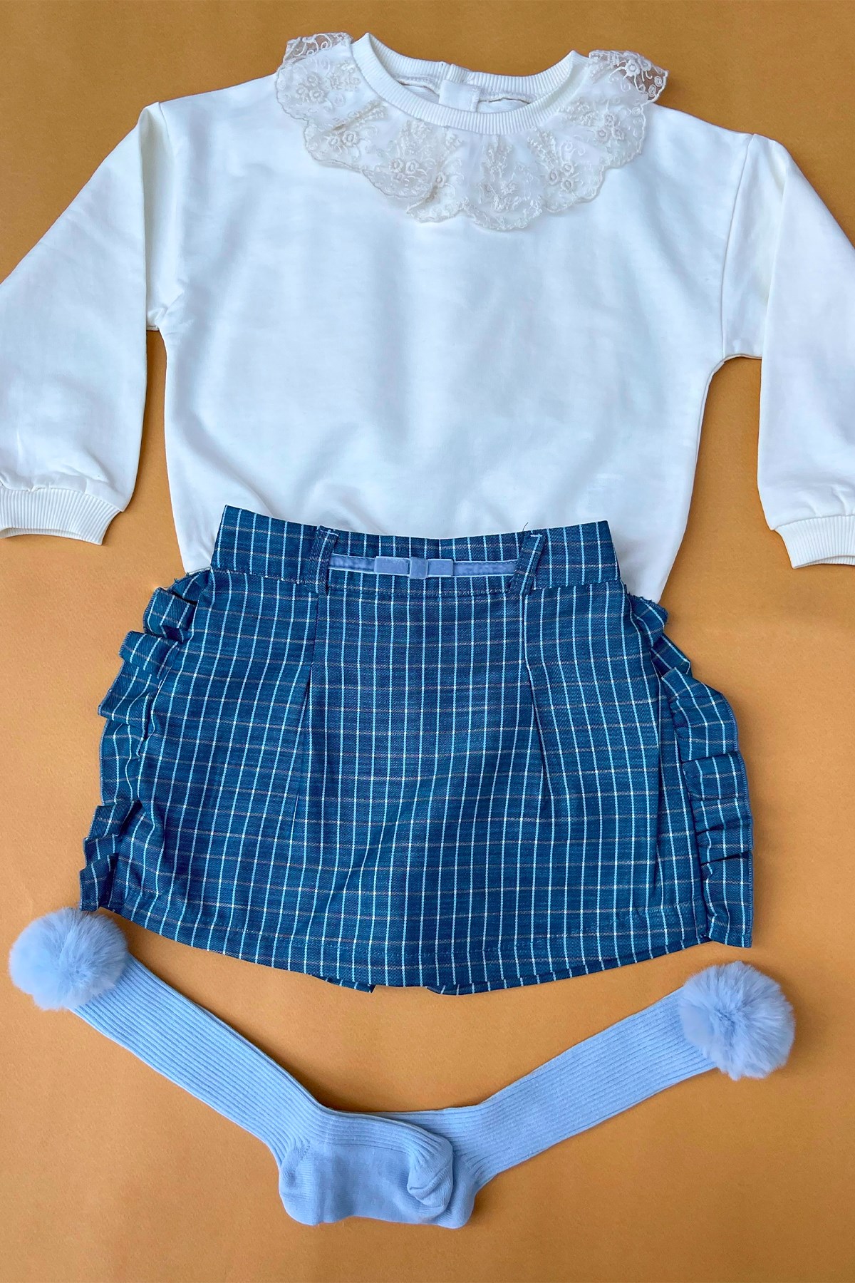 Kids Altı Kareli Mavi Etek Takım