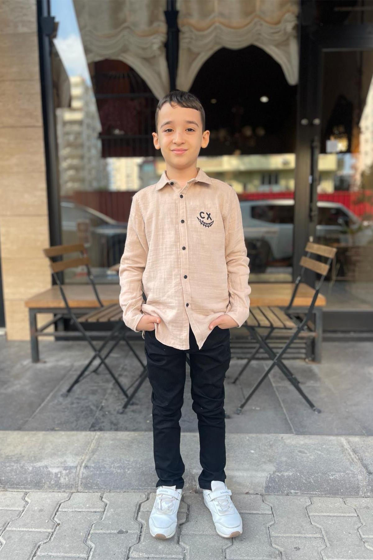 Kids Arkası Baskılı Bej Erkek Gömlek
