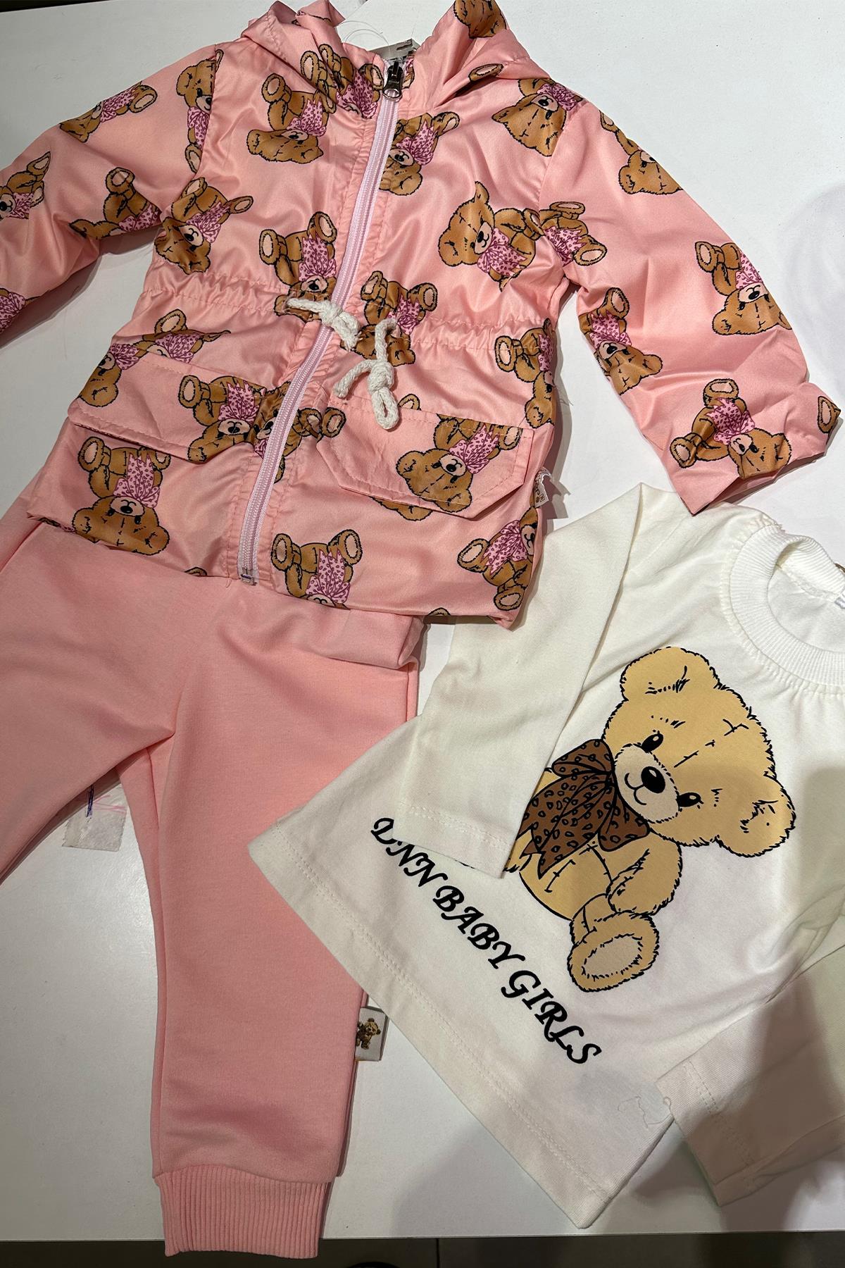 Kids Ayıcıklı Yağmurluklu Üçlü Kız Takım