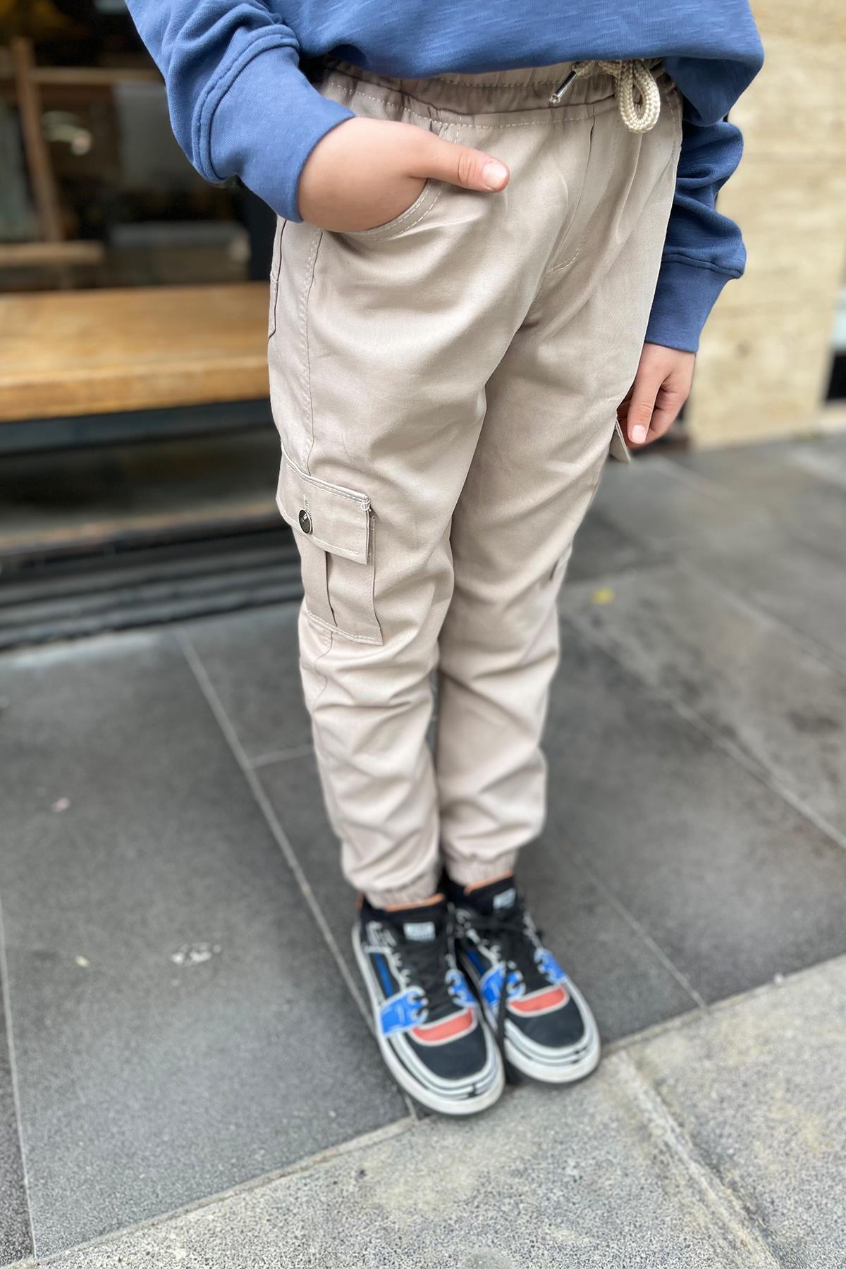 Kids Bej Kargo Cepli Pantolon
