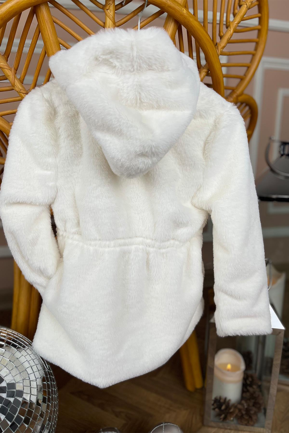 Kids Ekru Kapşonlu Peluş Mont
