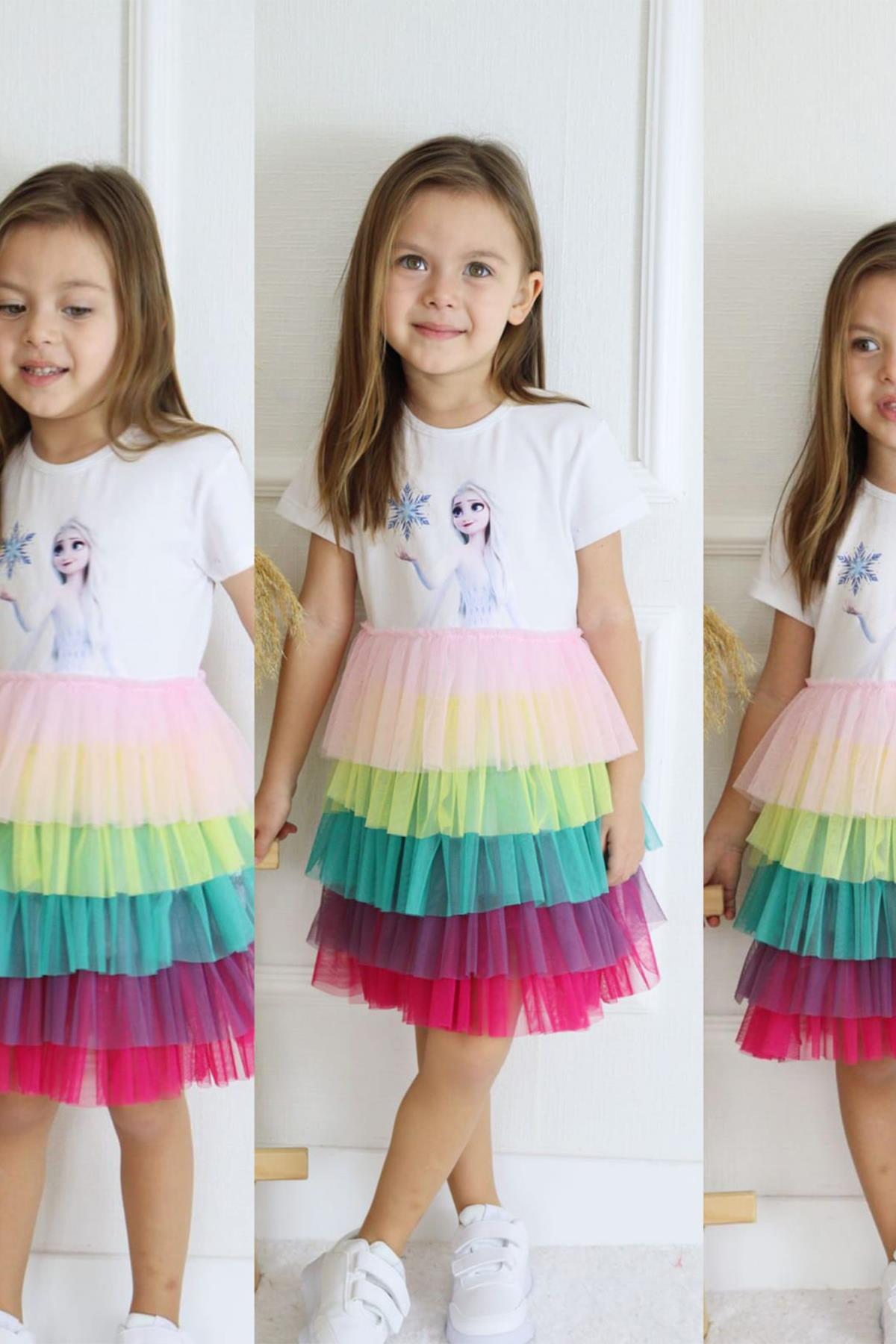 Kids Elsa Renkli Katlı Elbise