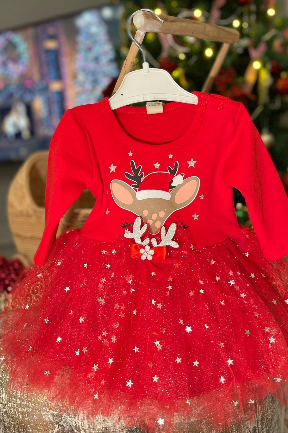 Kids Geyikli Kırmızı Elbise