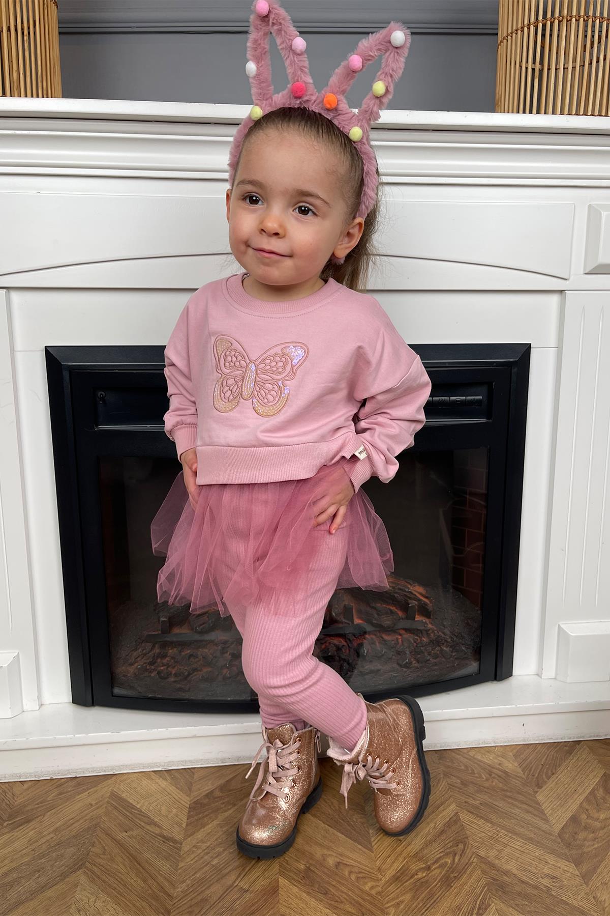 Kids Gülkurusu Kelebekli Tüllü Tayt Takım