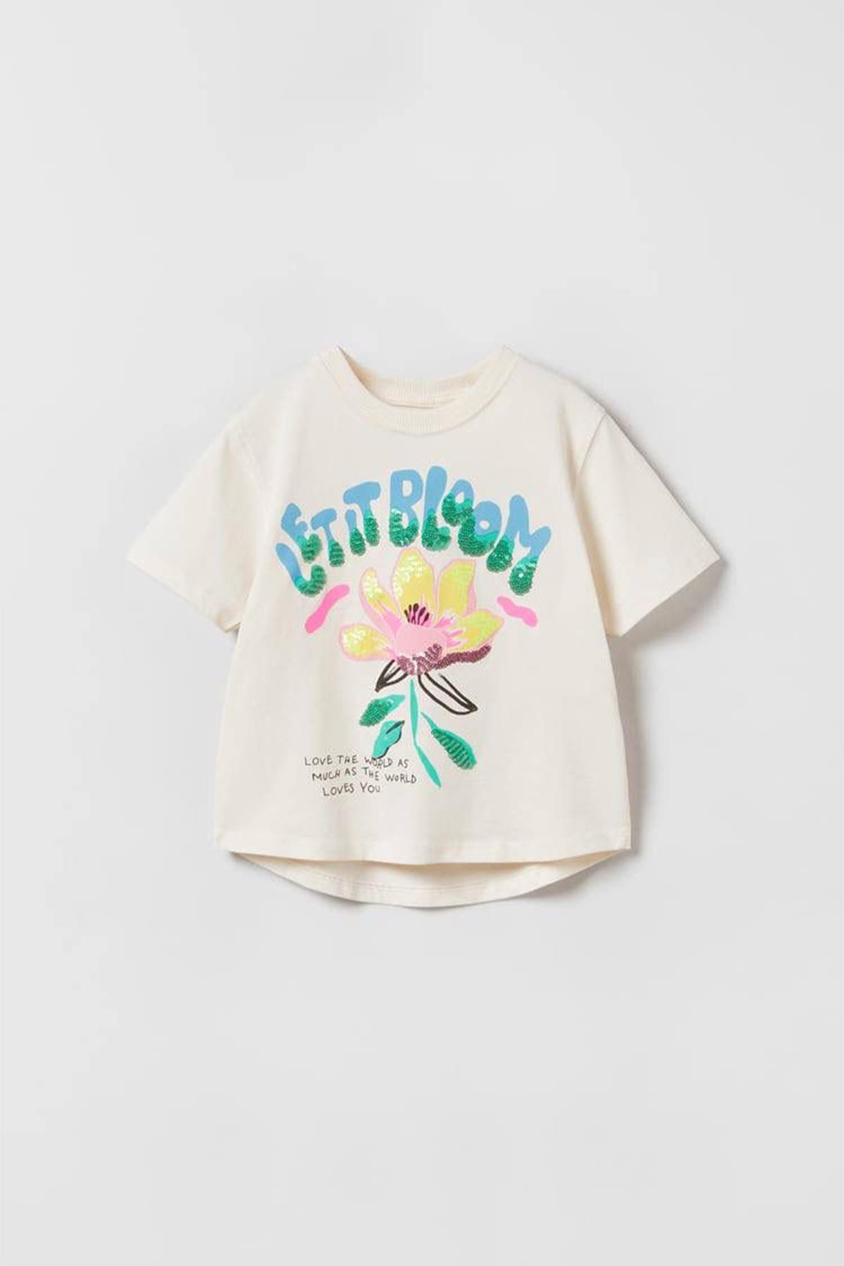 Kids Krem Payet Baskılı Tshirt